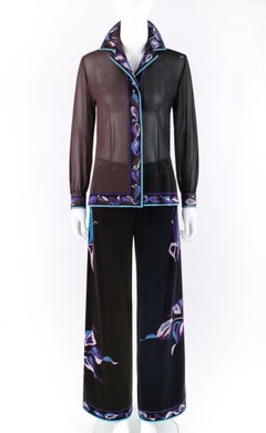 EMILIO PUCCI c.1960-70’s 2pc Multicolor Rose Silk Velvet Blouse Pant Set