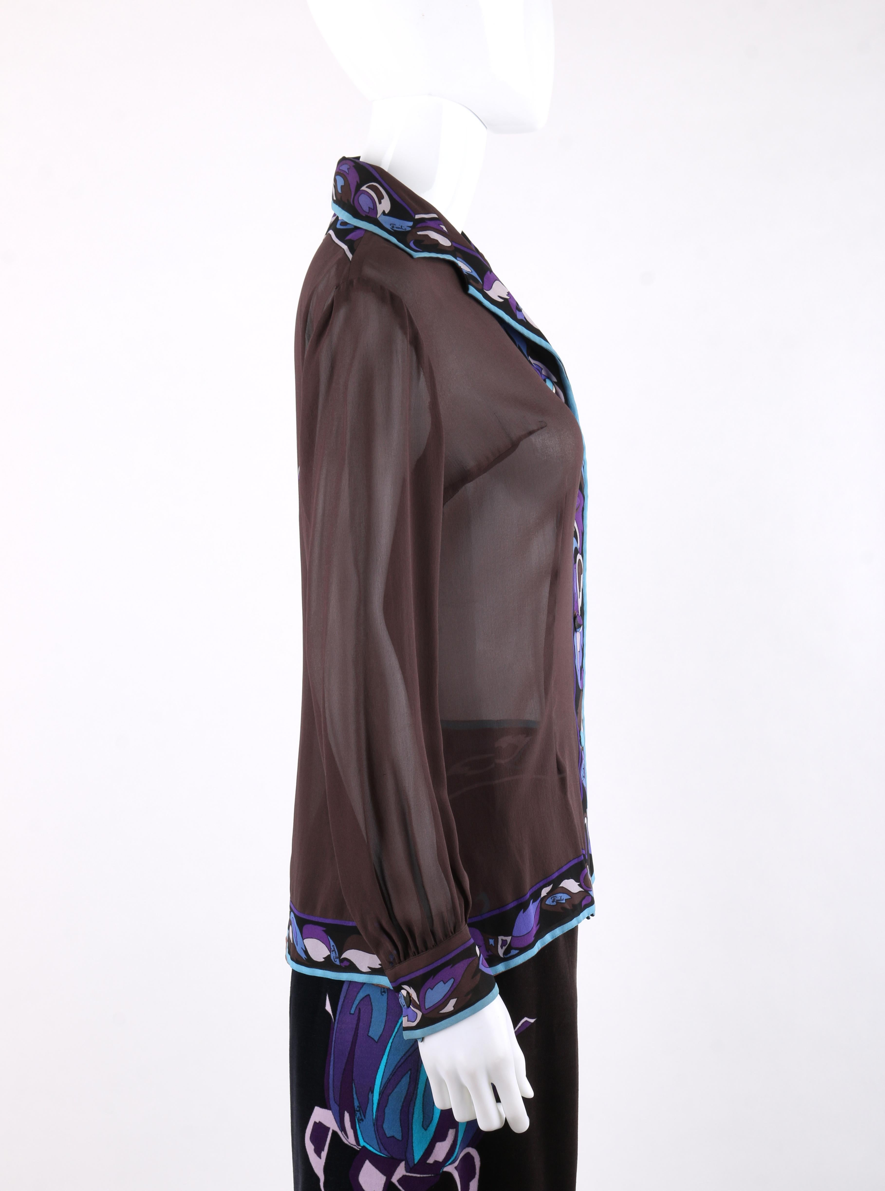EMILIO PUCCI c.1960-70’s 2pc Multicolor Rose Silk Velvet Blouse Pant Set In Good Condition For Sale In Thiensville, WI