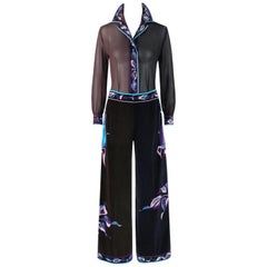 EMILIO PUCCI c.1960-70's Conjunto de blusa y pantalón de terciopelo rosa de seda multicolor