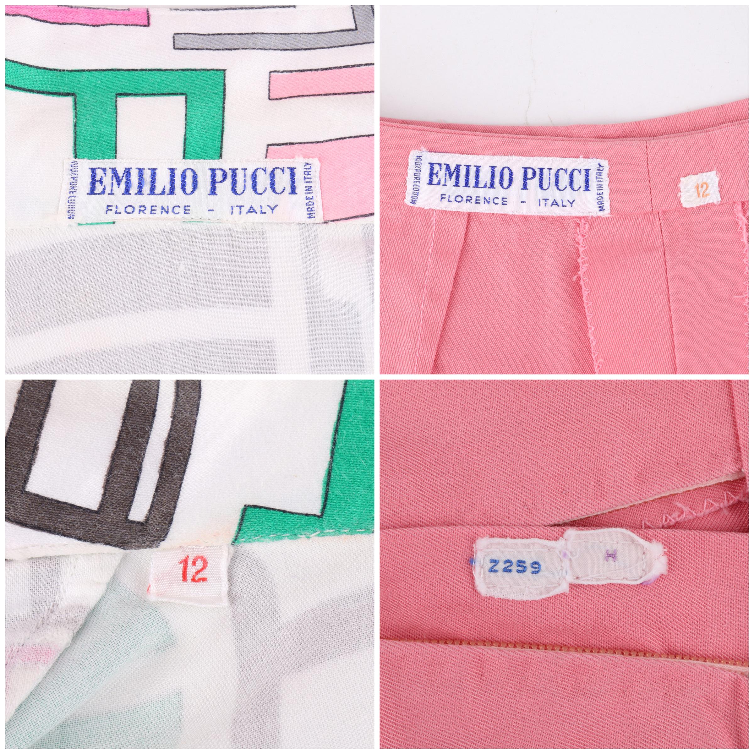 EMILIO PUCCI c.1960’s 2 Pc Pink Multi-color Tribal Button Front Shirt Shorts Set For Sale 3
