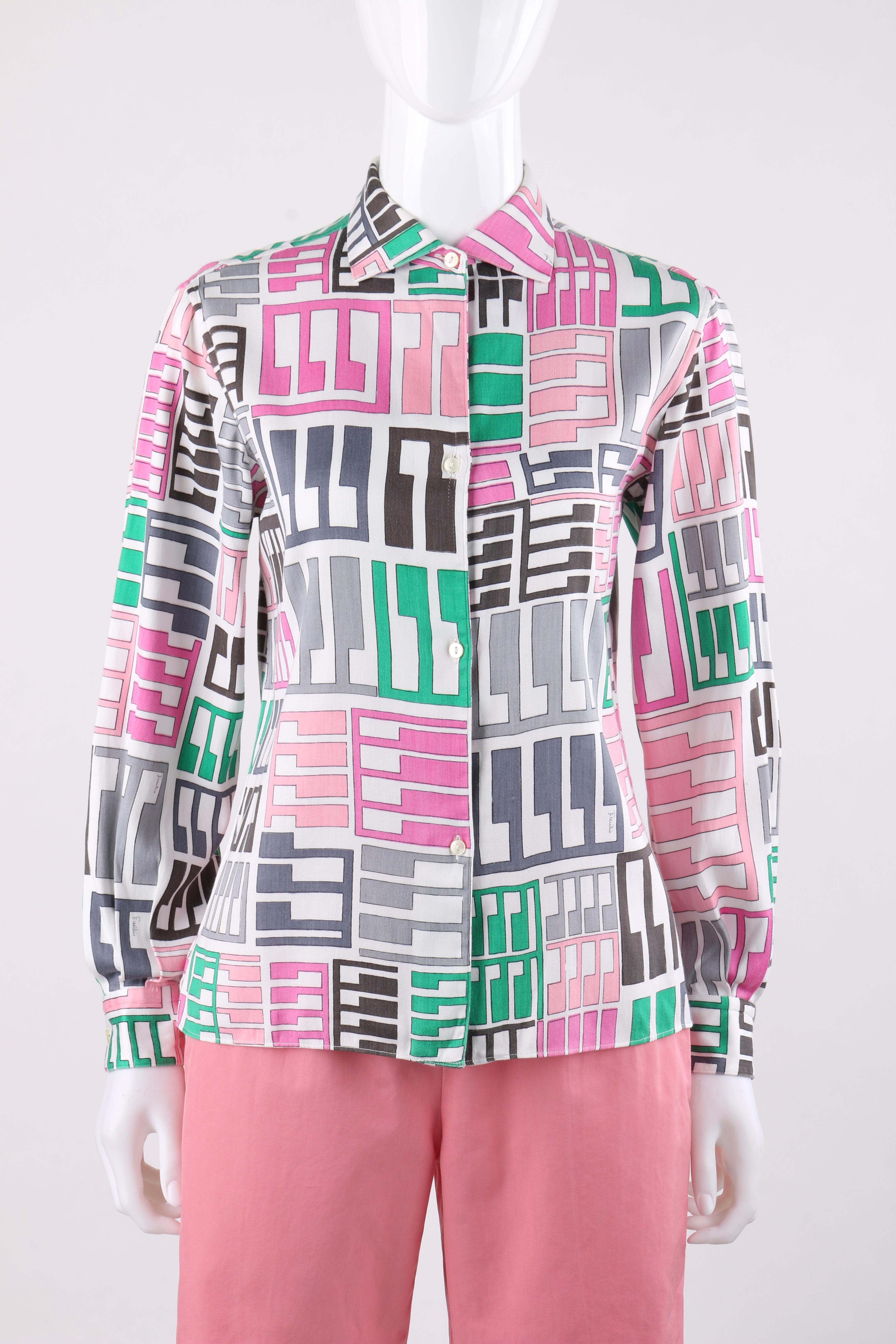 Beige Emilio Pucci c.1960 2 pezzi rosa multicolore Tribal Button Front Shirt Shorts Set in vendita