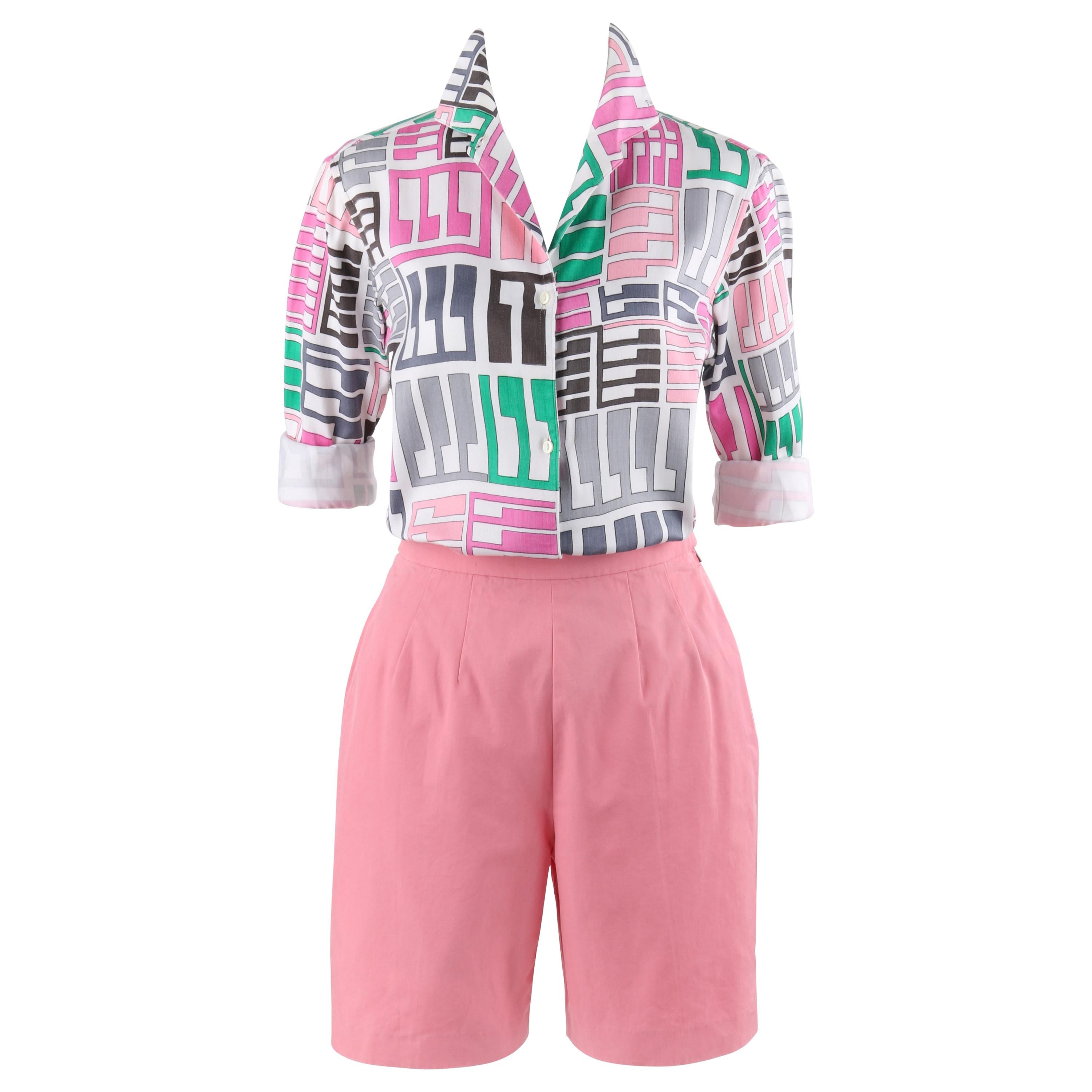 EMILIO PUCCI c.1960’s 2 Pc Pink Multi-color Tribal Button Front Shirt Shorts Set
