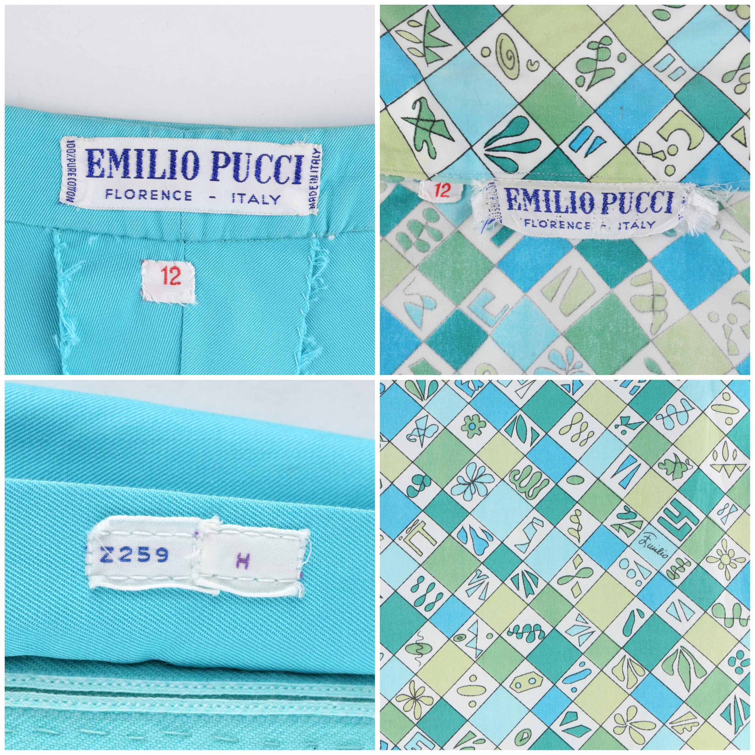 EMILIO PUCCI c.1960’s 2 Pc Teal Multi-color Geometric Button Up Shirt Shorts Set For Sale 3