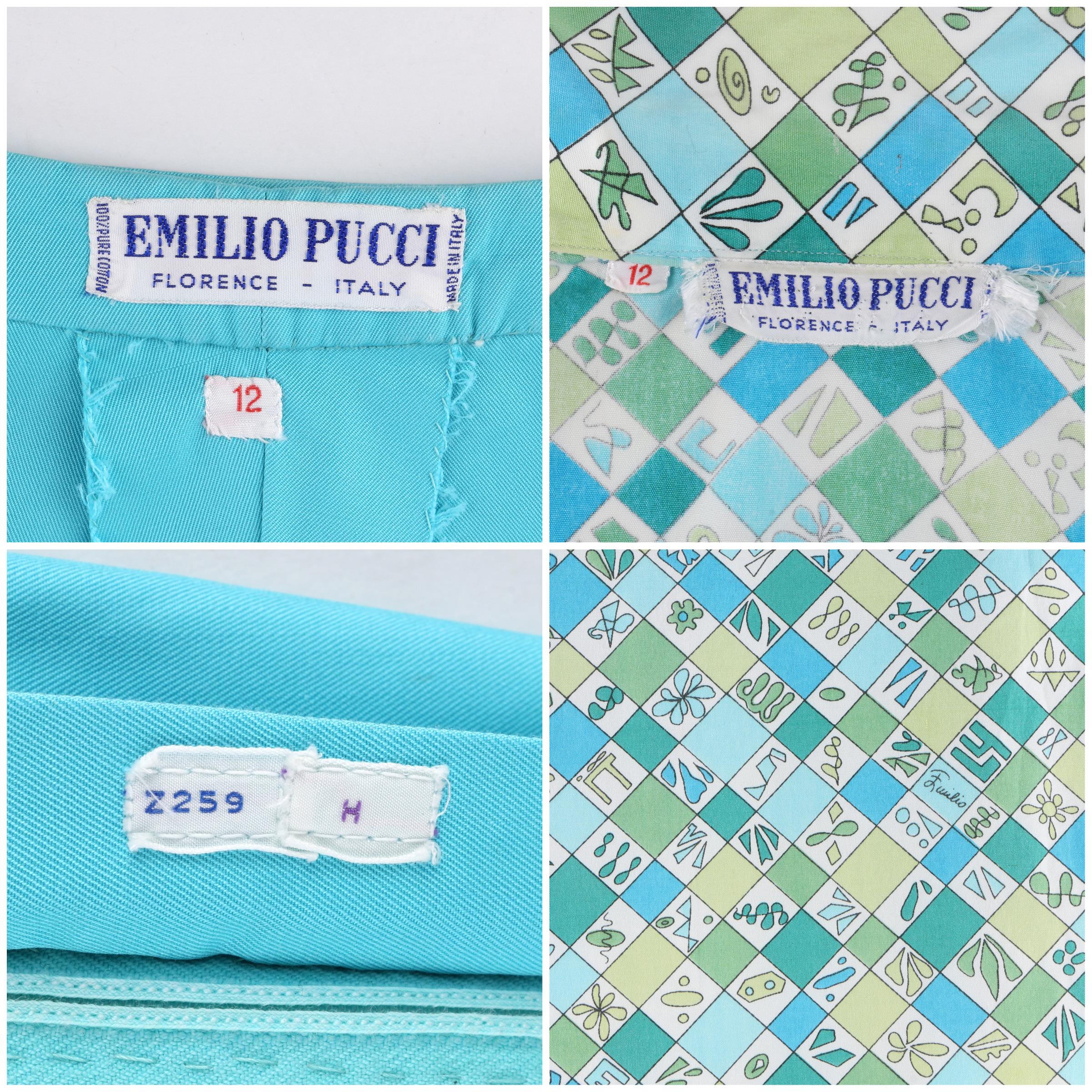 EMILIO PUCCI c.1960's 2 Pc Teal Multi-color Geometric Button Up Shirt Shorts Set en venta 6