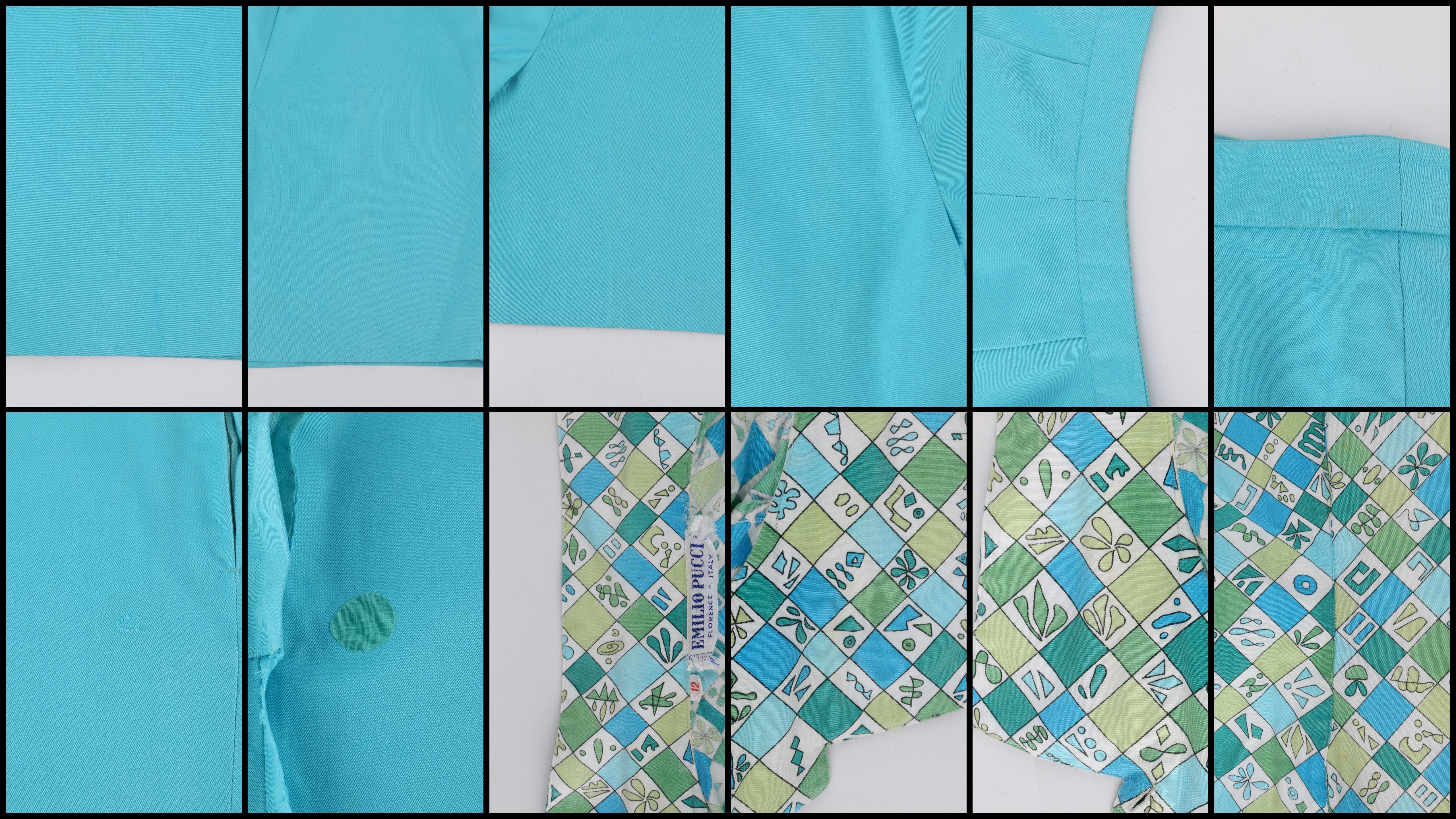 EMILIO PUCCI c.1960's 2 Pc Teal Multi-color Geometric Button Up Shirt Shorts Set en venta 7