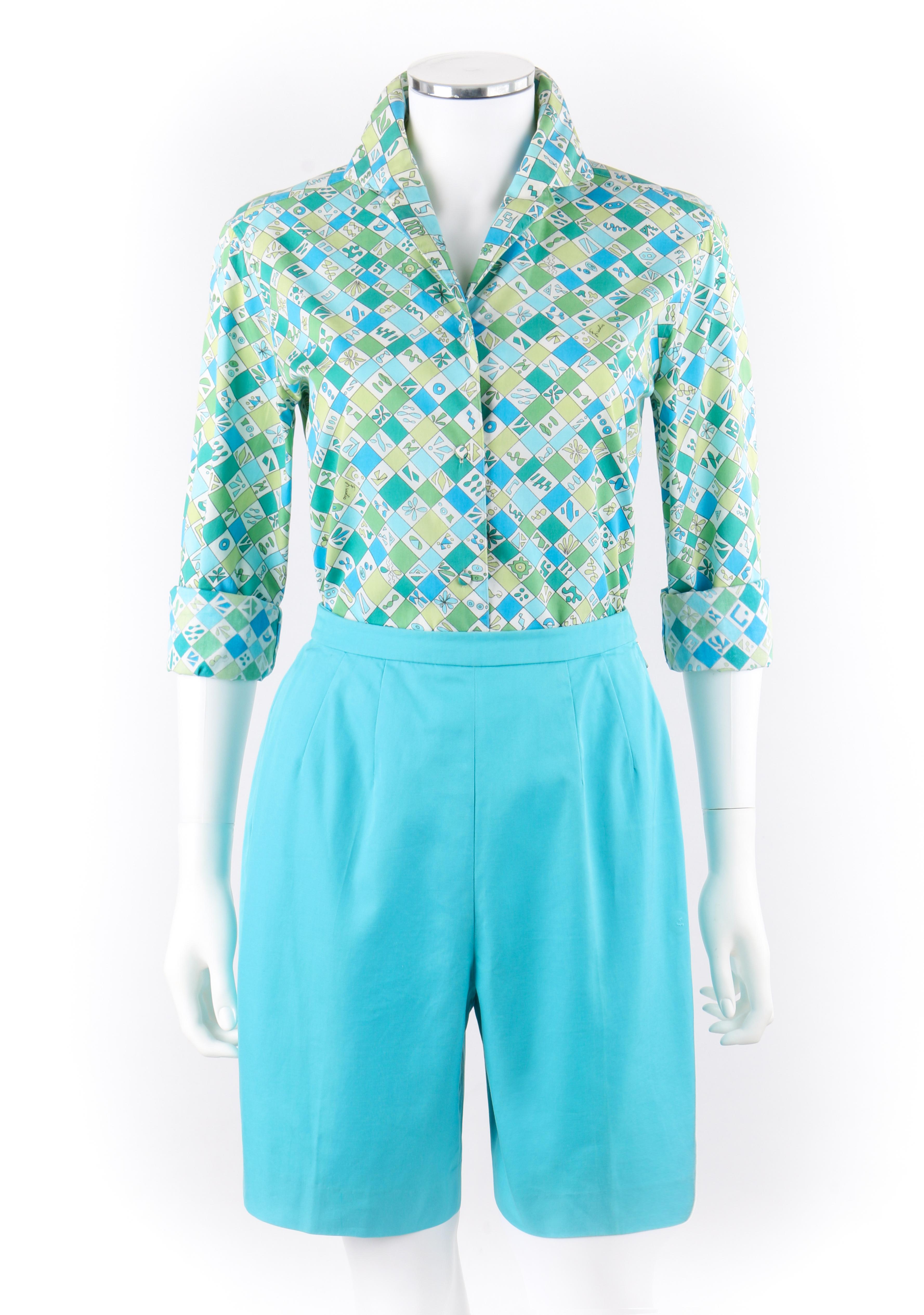 EMILIO PUCCI c.1960’s 2 Pc Teal Multi-color Geometric Signature Print Button Up Shirt Short Set
 
Circa: 1960’s  
Label(s): Emilio Pucci
Style: Button-up shirt, shorts
Color(s): Shades of blue, teal, green, white. 
Lined: No
Marked Fabric Content: