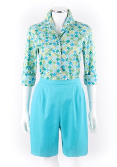 EMILIO PUCCI c.1960’s 2 Pc Teal Multi-color Geometric Button Up Shirt Shorts Set