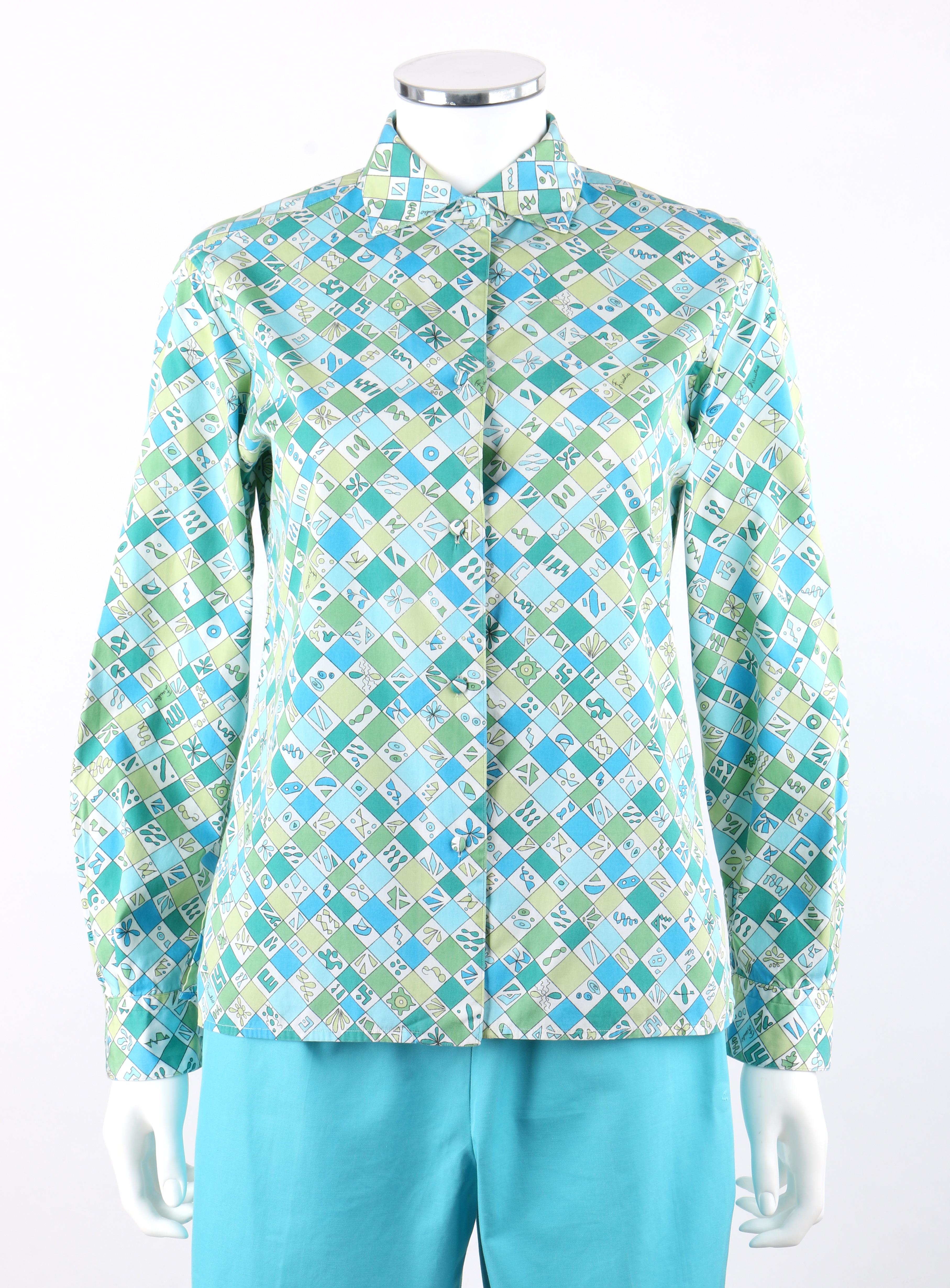 EMILIO PUCCI c.1960's 2 Pc Teal Multi-color Geometric Button Up Shirt Shorts Set Azul en venta