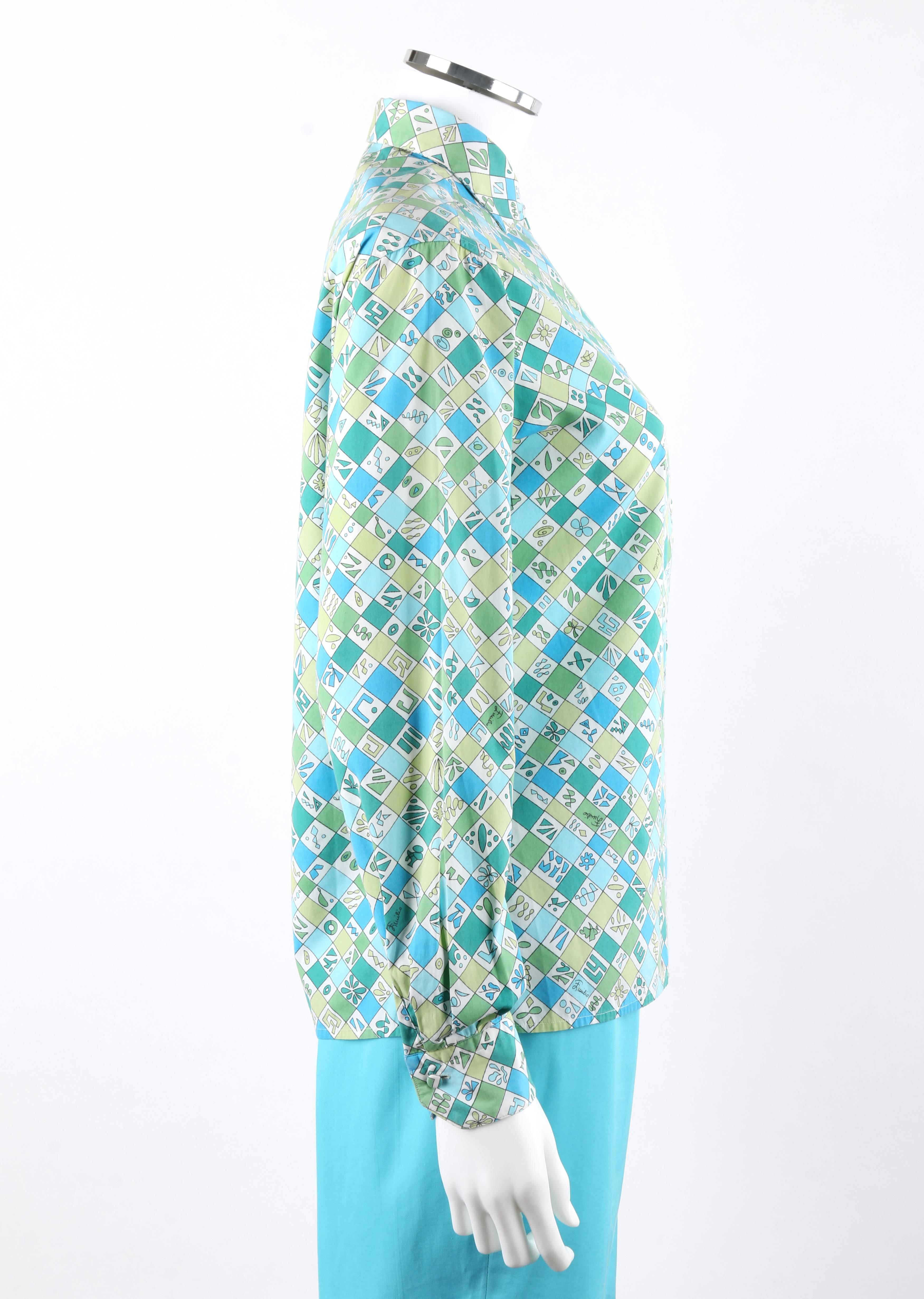 EMILIO PUCCI c.1960's 2 Pc Teal Multi-color Geometric Button Up Shirt Shorts Set en Bueno estado para la venta en Thiensville, WI