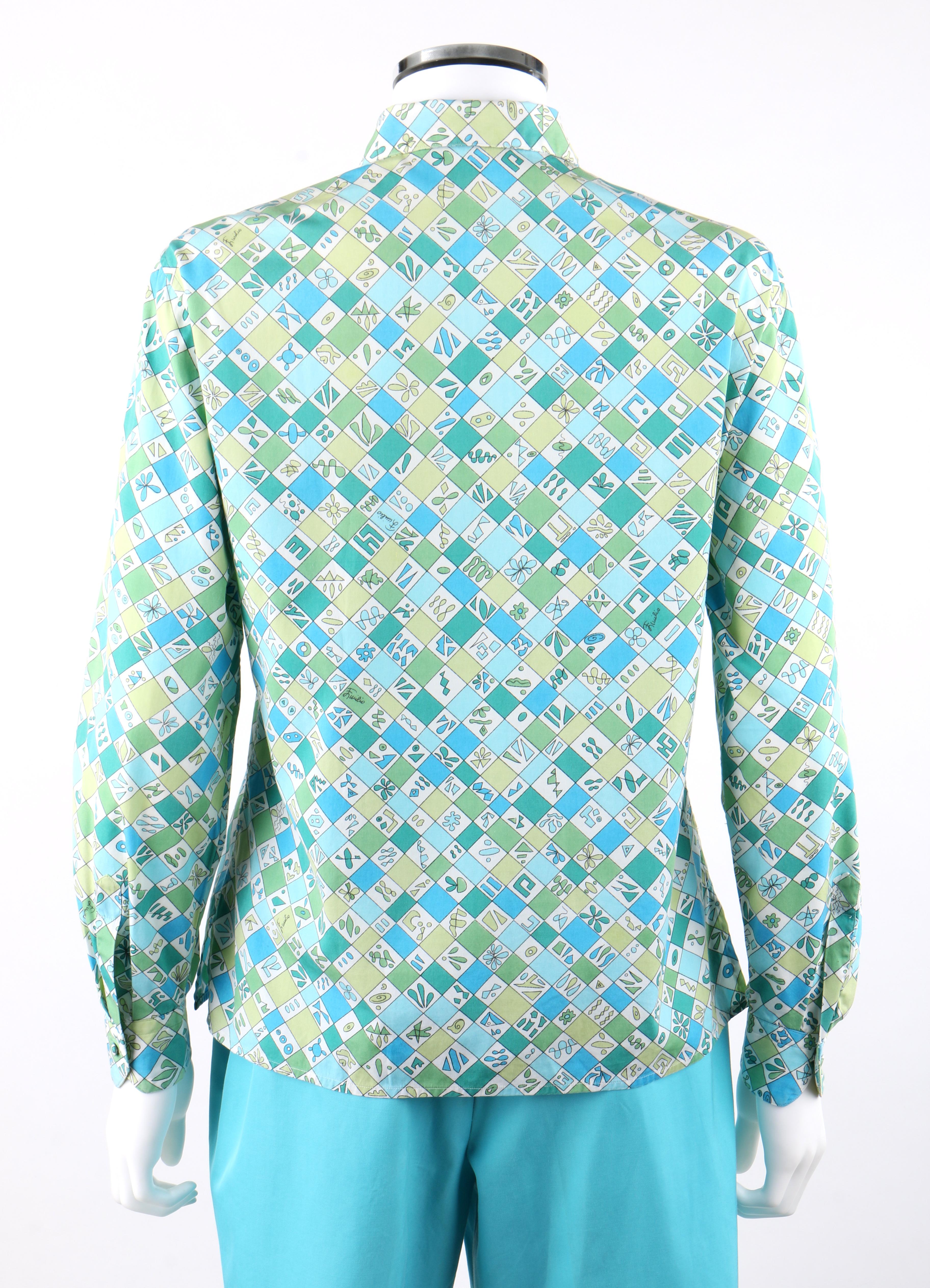 De las mujeres EMILIO PUCCI c.1960's 2 Pc Teal Multi-color Geometric Button Up Shirt Shorts Set en venta
