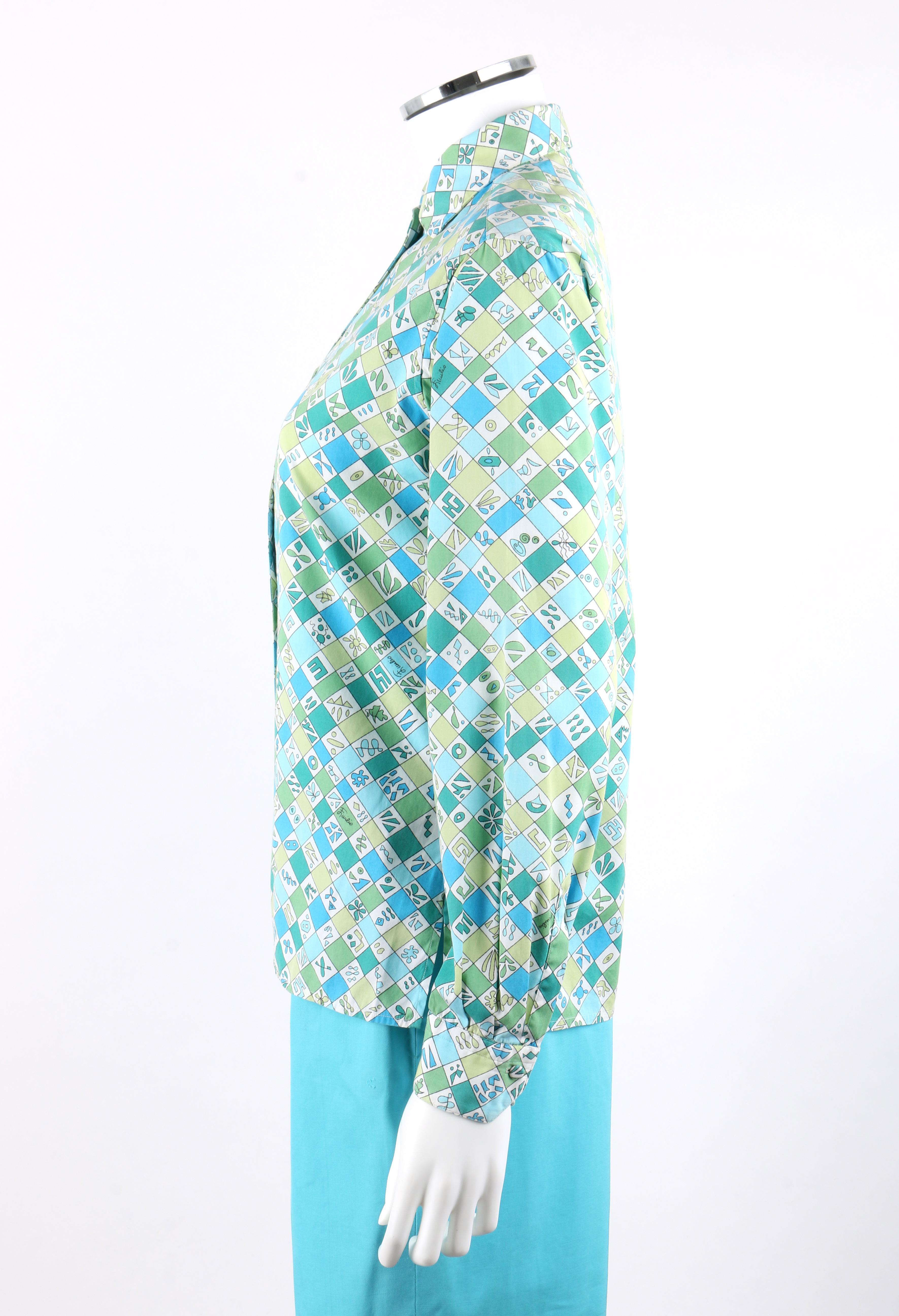 EMILIO PUCCI c.1960's 2 Pc Teal Multi-color Geometric Button Up Shirt Shorts Set en venta 1