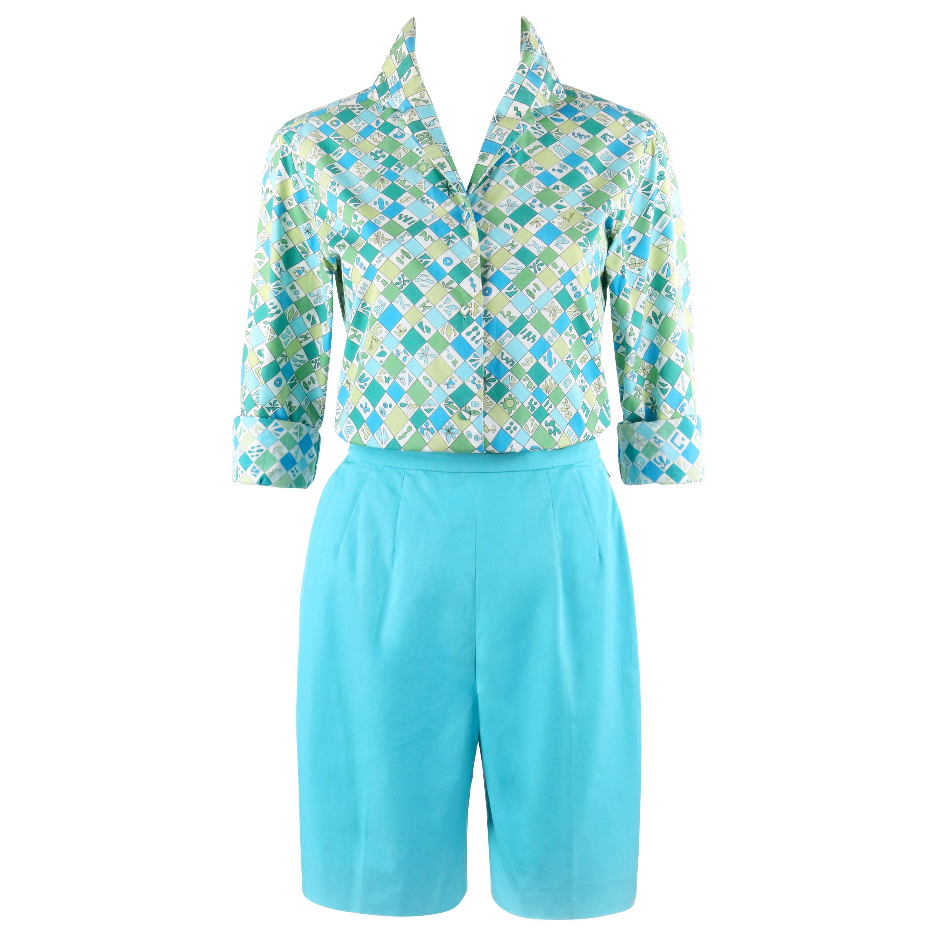 EMILIO PUCCI c.1960’s 2 Pc Teal Multi-color Geometric Button Up Shirt Shorts Set
