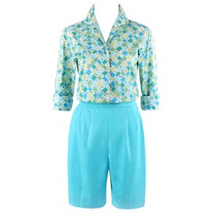 EMILIO PUCCI ca. 1960er Jahre 2-teiliges Teal Multi-color Geometrische Button Up Shirt Shorts Set