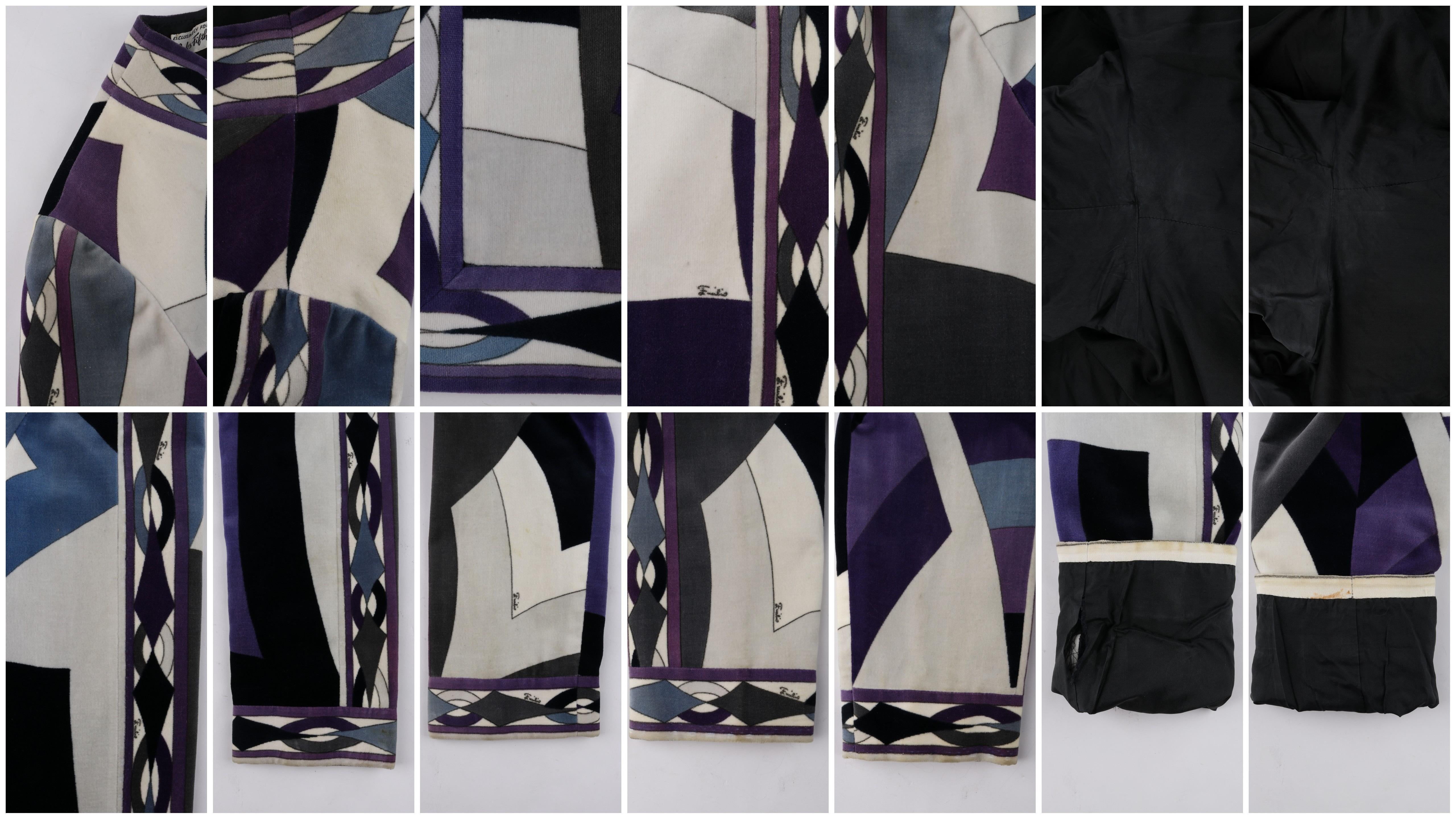 EMILIO PUCCI c.1960's 2pc Geometric Signature Print Velveteen Dress Jacket Set For Sale 3