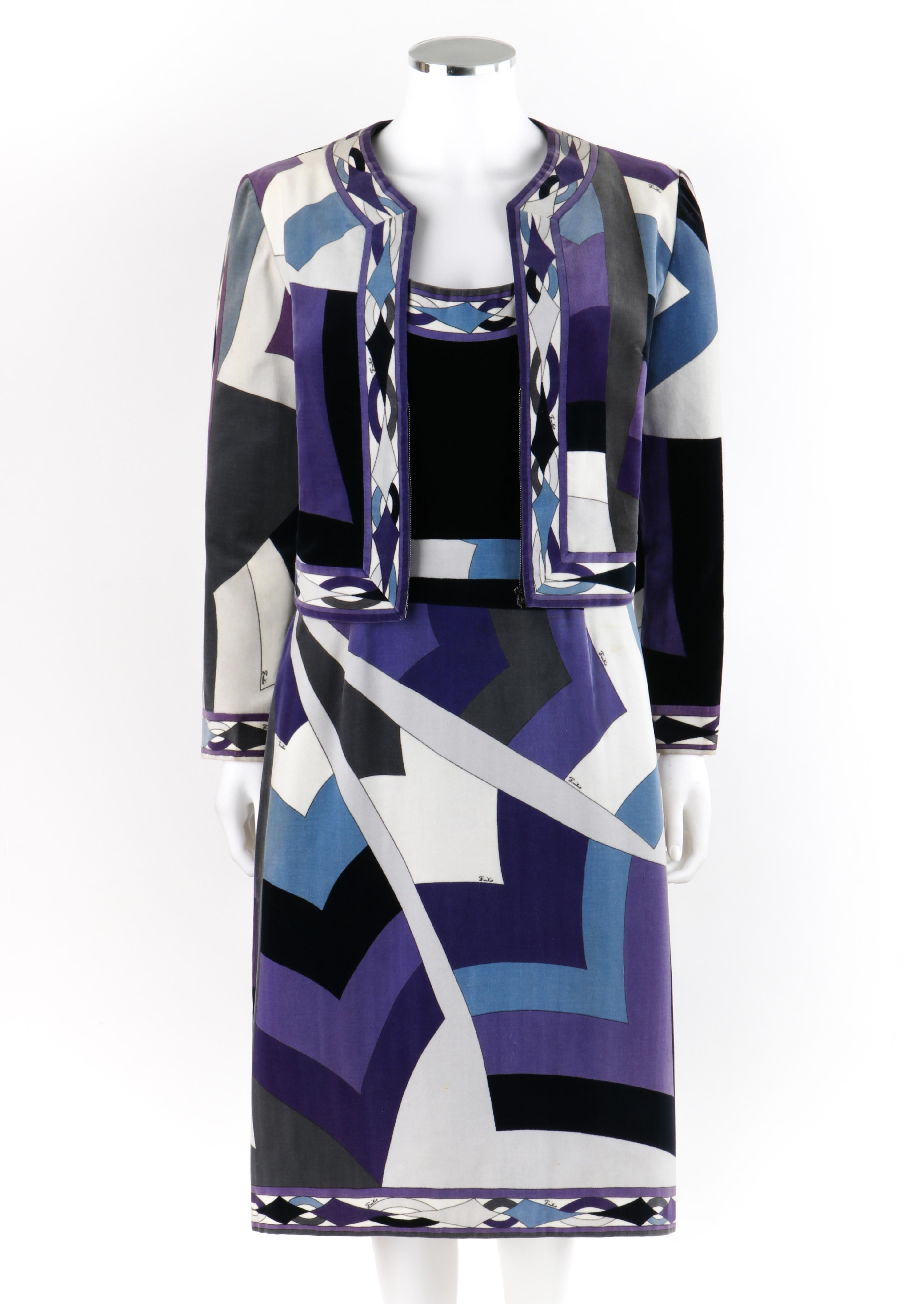 EMILIO PUCCI c.1960's 2pc Geometric Signature Print Velveteen Dress Suit Set
 
Circa: 1960’s
Label(s): Emilio Pucci; Exclusively for Saks Fifth Avenue
Designer: Emilio Pucci
Style: Dress suit set
Color(s): Shades of purple, blue, white, gray