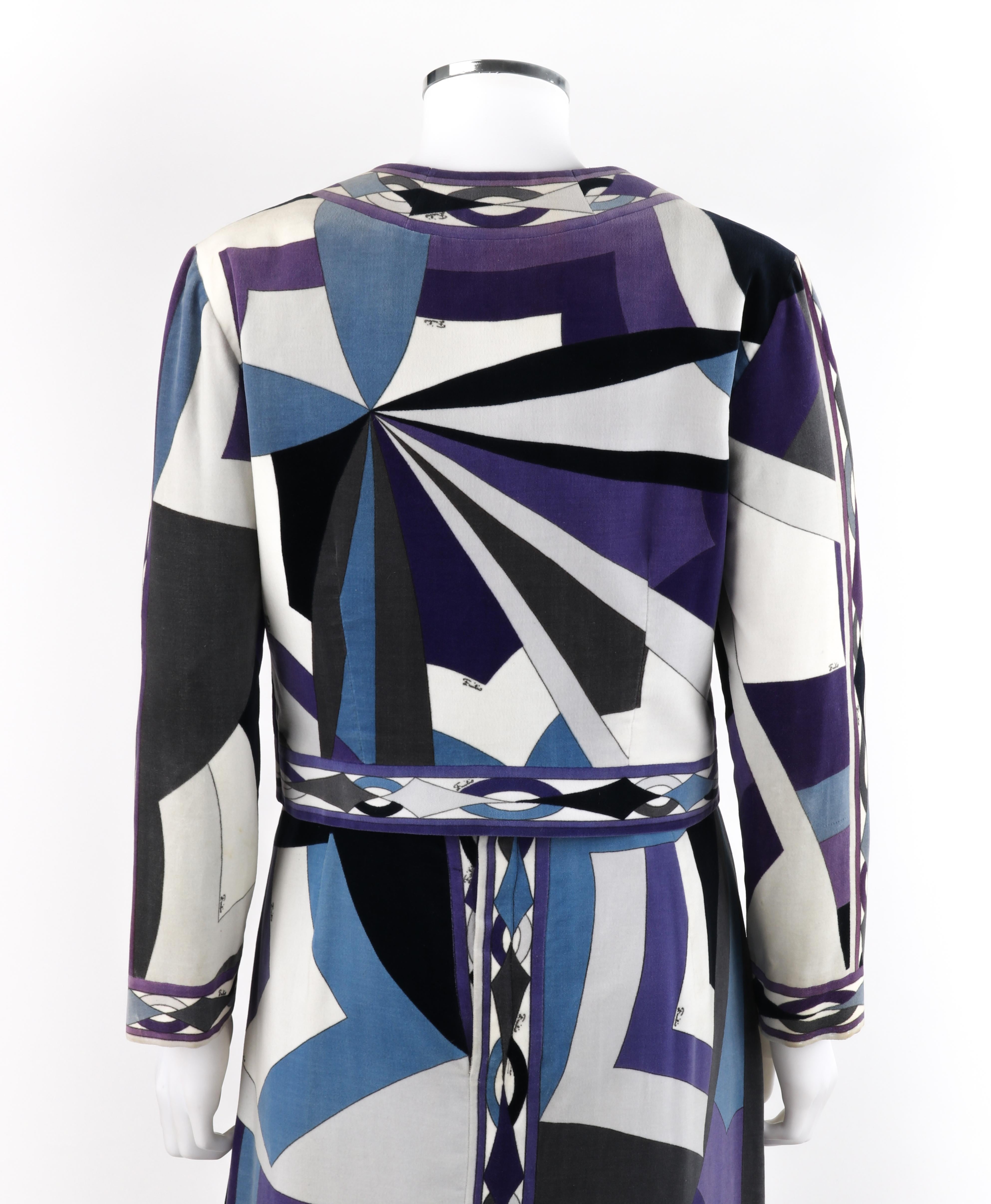 Purple EMILIO PUCCI c.1960's 2pc Geometric Signature Print Velveteen Dress Jacket Set For Sale