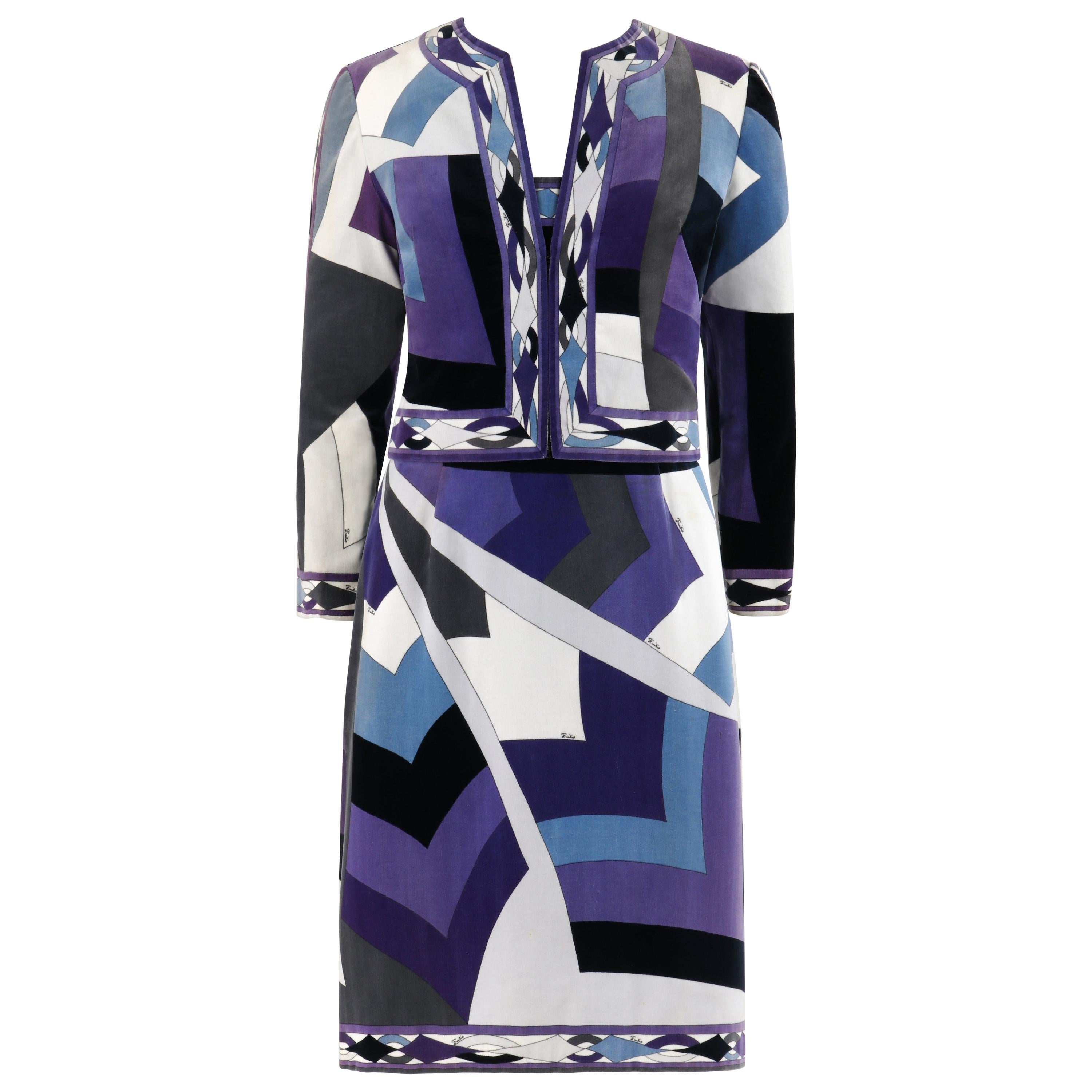 EMILIO PUCCI c.1960's 2pc Geometric Signature Print Velveteen Dress Jacket Set For Sale