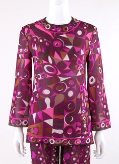 EMILIO PUCCI c.1960s 2pc Purple Multicolor Op Art Silk Blouse Pants Set Ensemble
