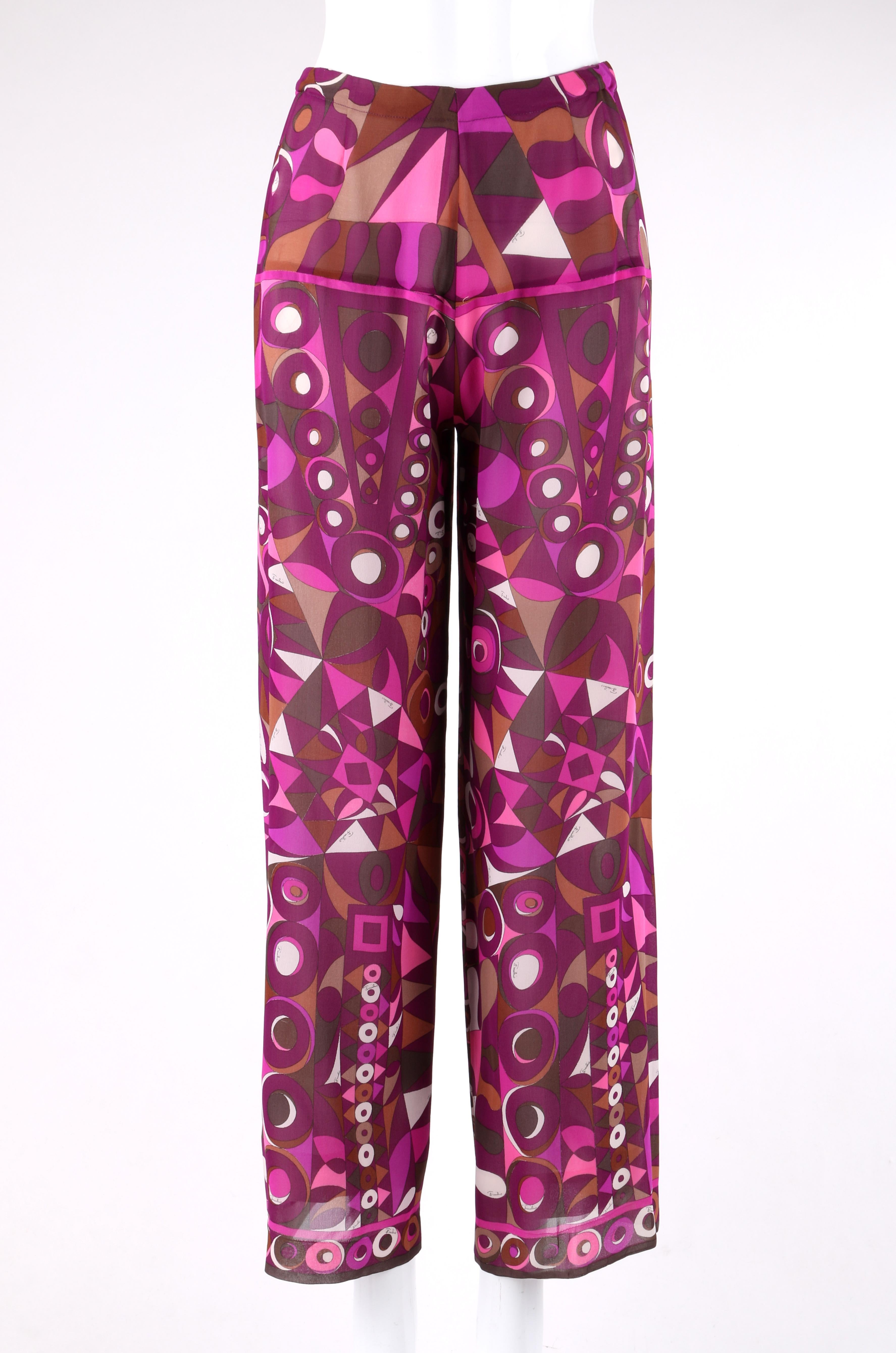 Brown EMILIO PUCCI c.1960s 2pc Purple Multicolor Op Art Silk Blouse Pants Set Ensemble For Sale