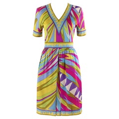 Retro EMILIO PUCCI c.1960's Abstract Stripe Op Art Signature Print V-Neck Sheath Dress