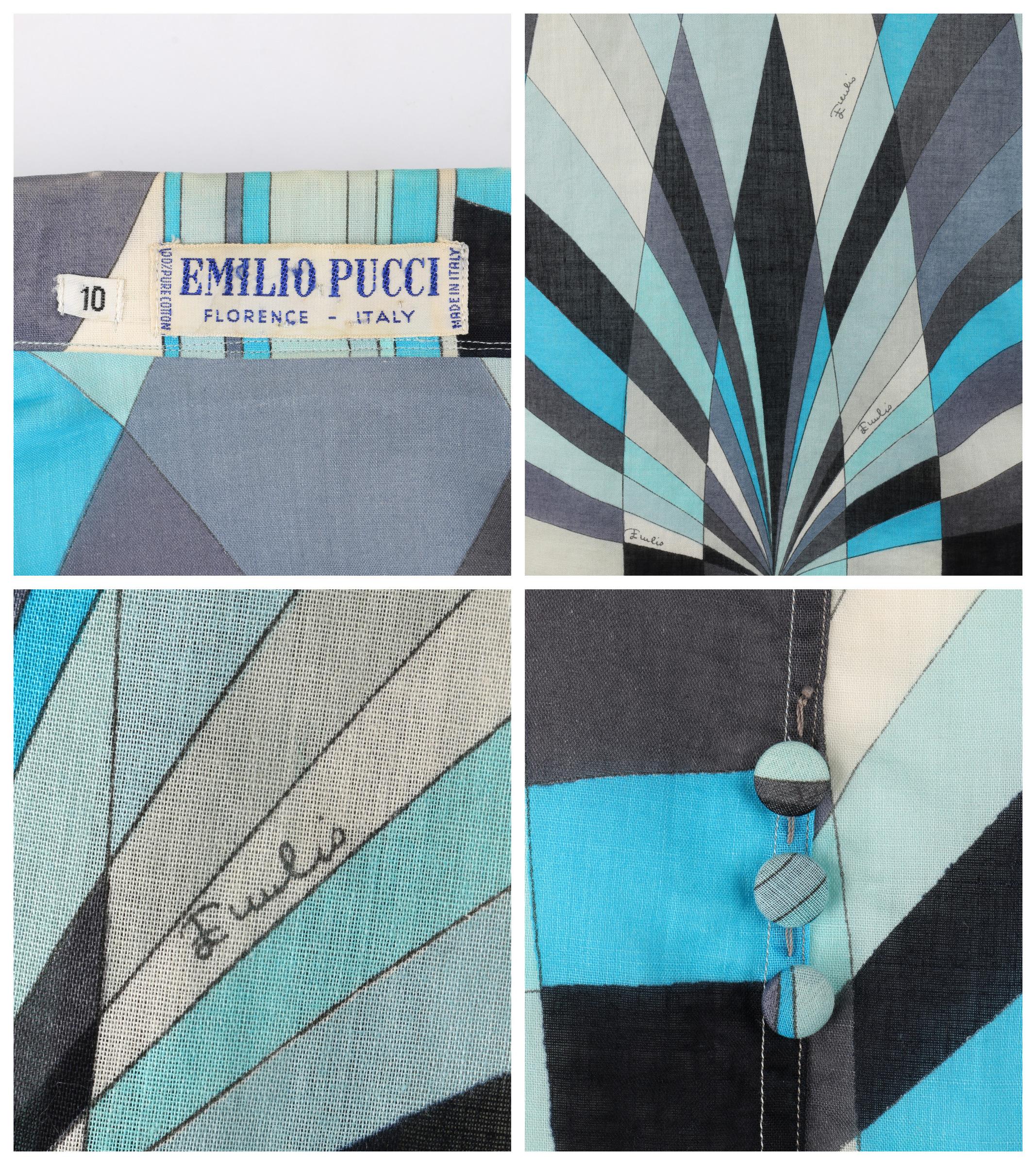 Women's EMILIO PUCCI c.1960's Blue Geometric Diamond Signature Print Button Up Shirt 