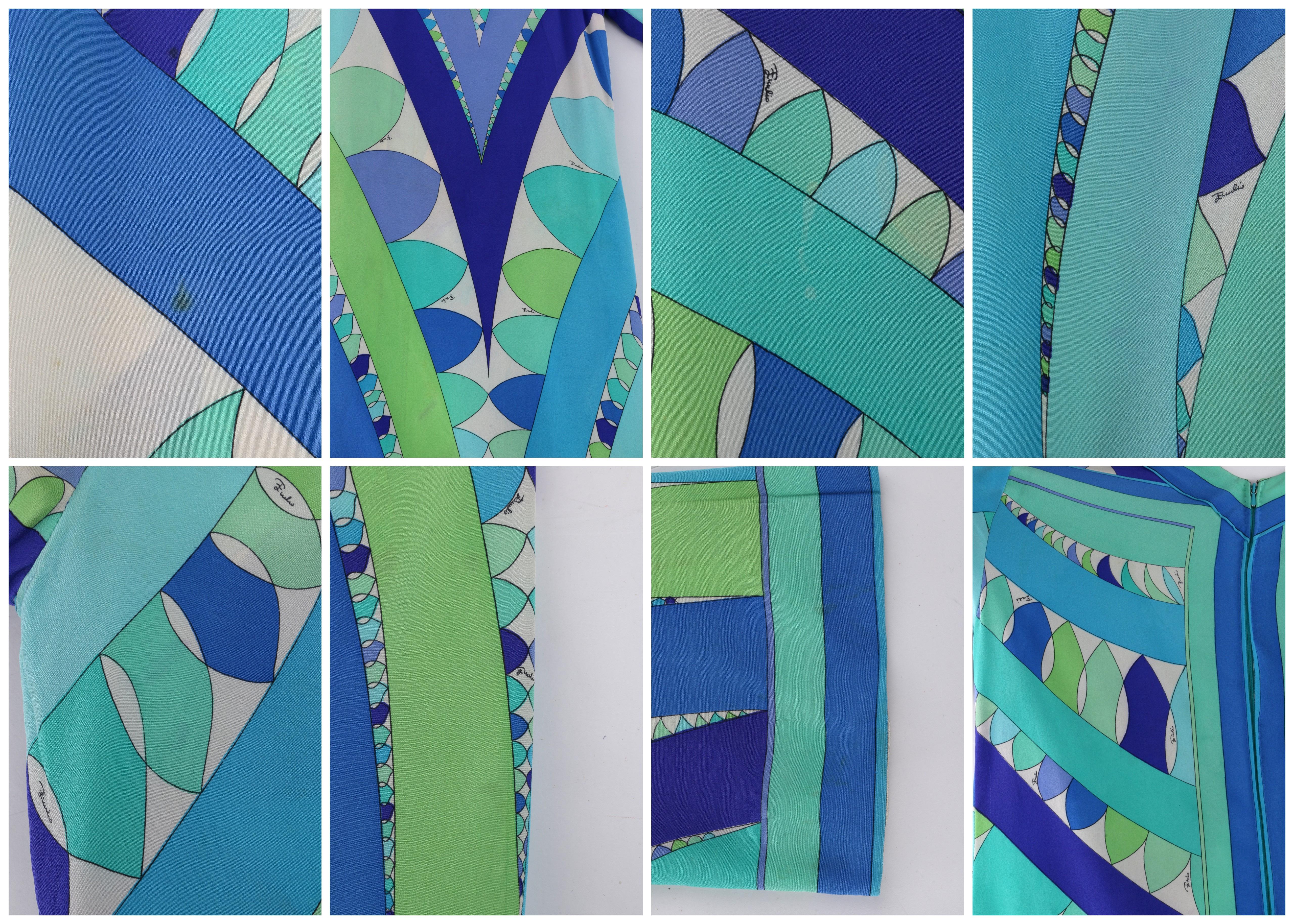 EMILIO PUCCI c.1960’s Blue Green Geometric Signature Print Shift Dress For Sale 1