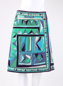 EMILIO PUCCI c.1960's Blue Multicolor Signature Print Velvet A-Line Wrap Skirt