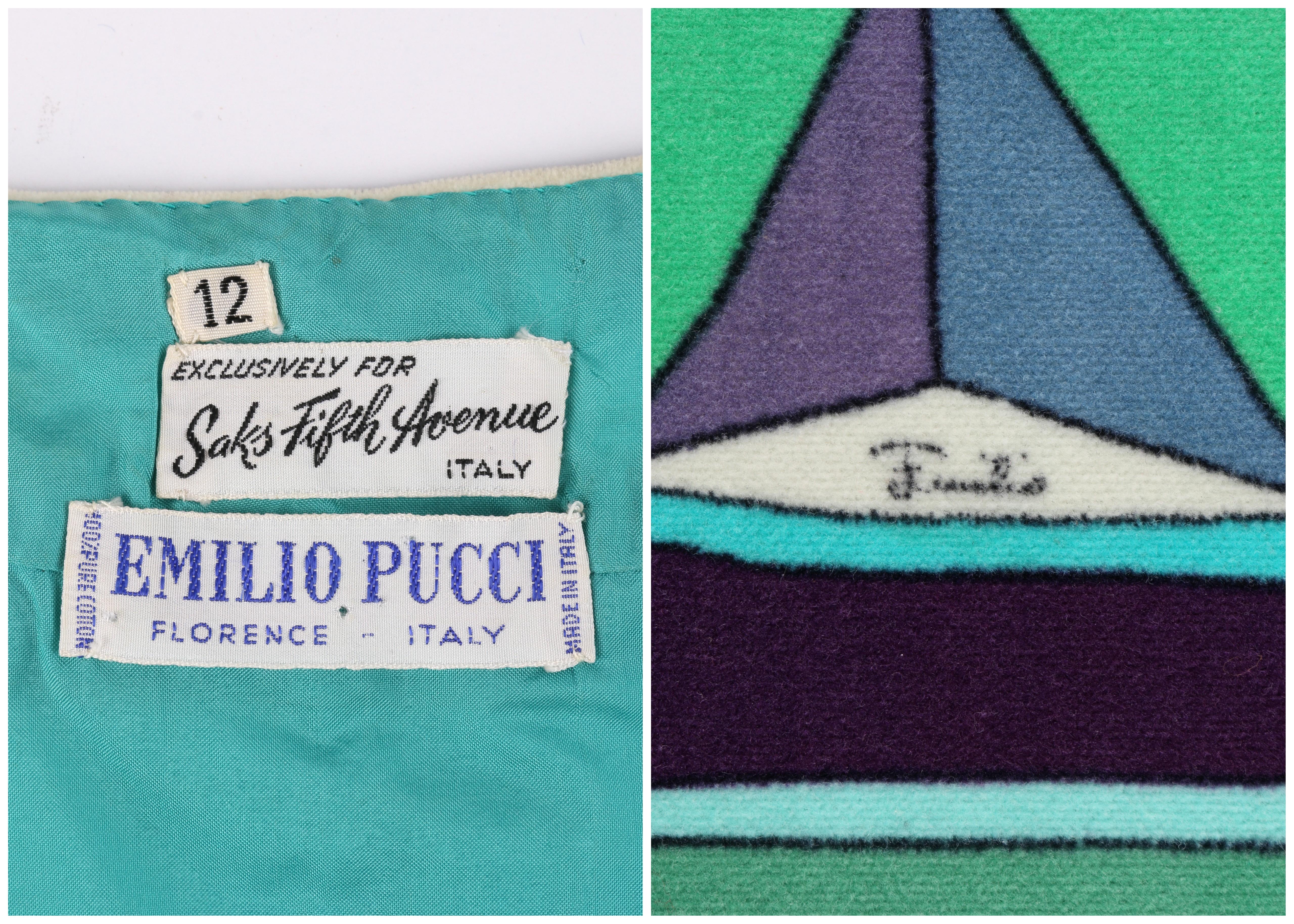 EMILIO PUCCI c.1960's Blue Multicolor Signature Print Velvet A-Line Wrap Skirt In Good Condition In Thiensville, WI