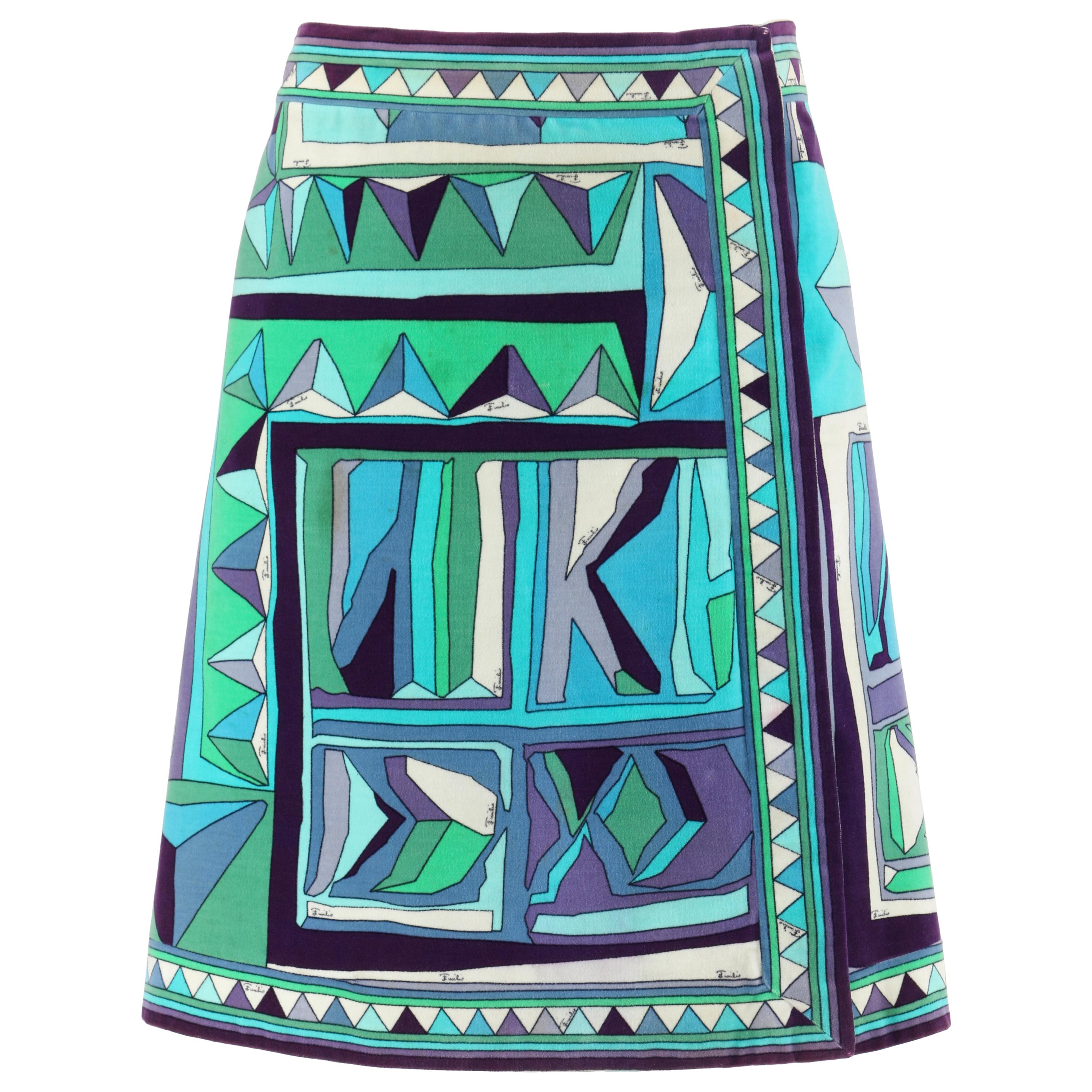 Emilio Pucci 1960s Vintage Blue Geometric Cotton Wrap Beach Skirt