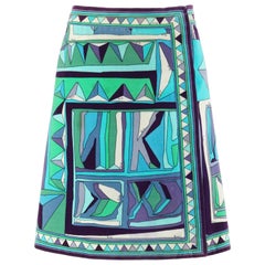 EMILIO PUCCI c.1960's Blue Multicolor Signature Print Velvet A-Line Wrap Skirt