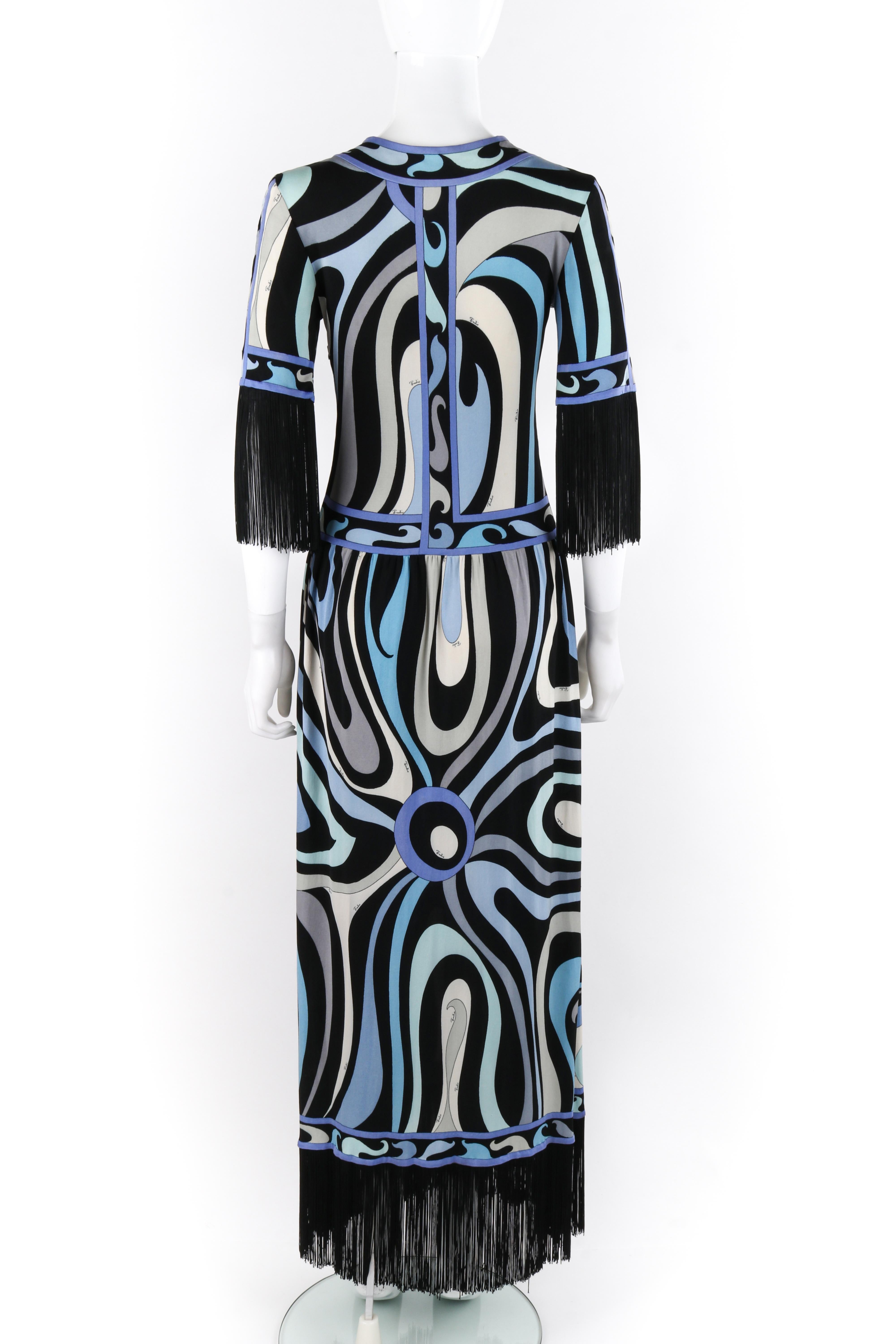 Black EMILIO PUCCI c.1960’s Blue Signature Op Art Fringe Drop Waist Silk Maxi Dress