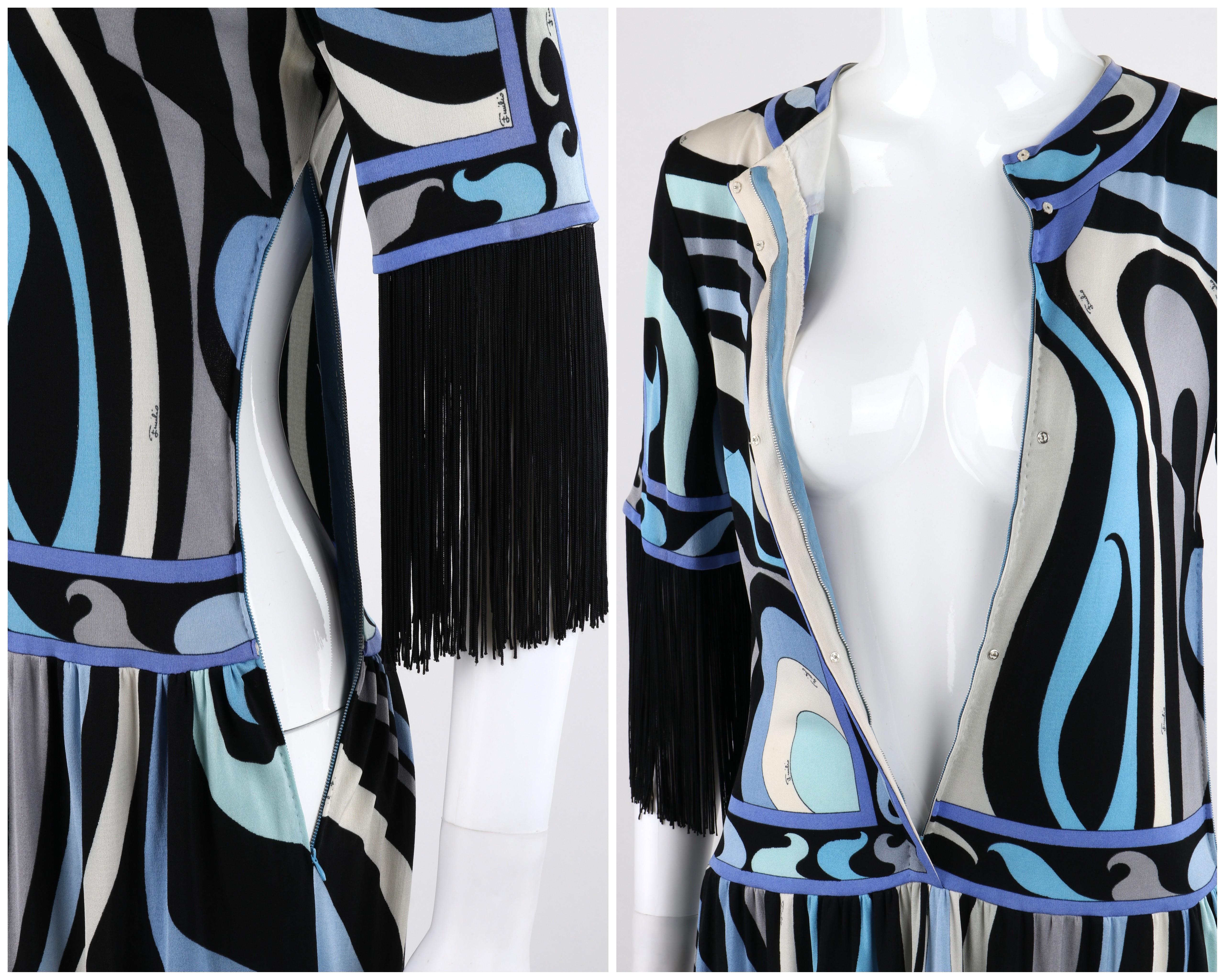 EMILIO PUCCI c.1960’s Blue Signature Op Art Fringe Drop Waist Silk Maxi Dress 1