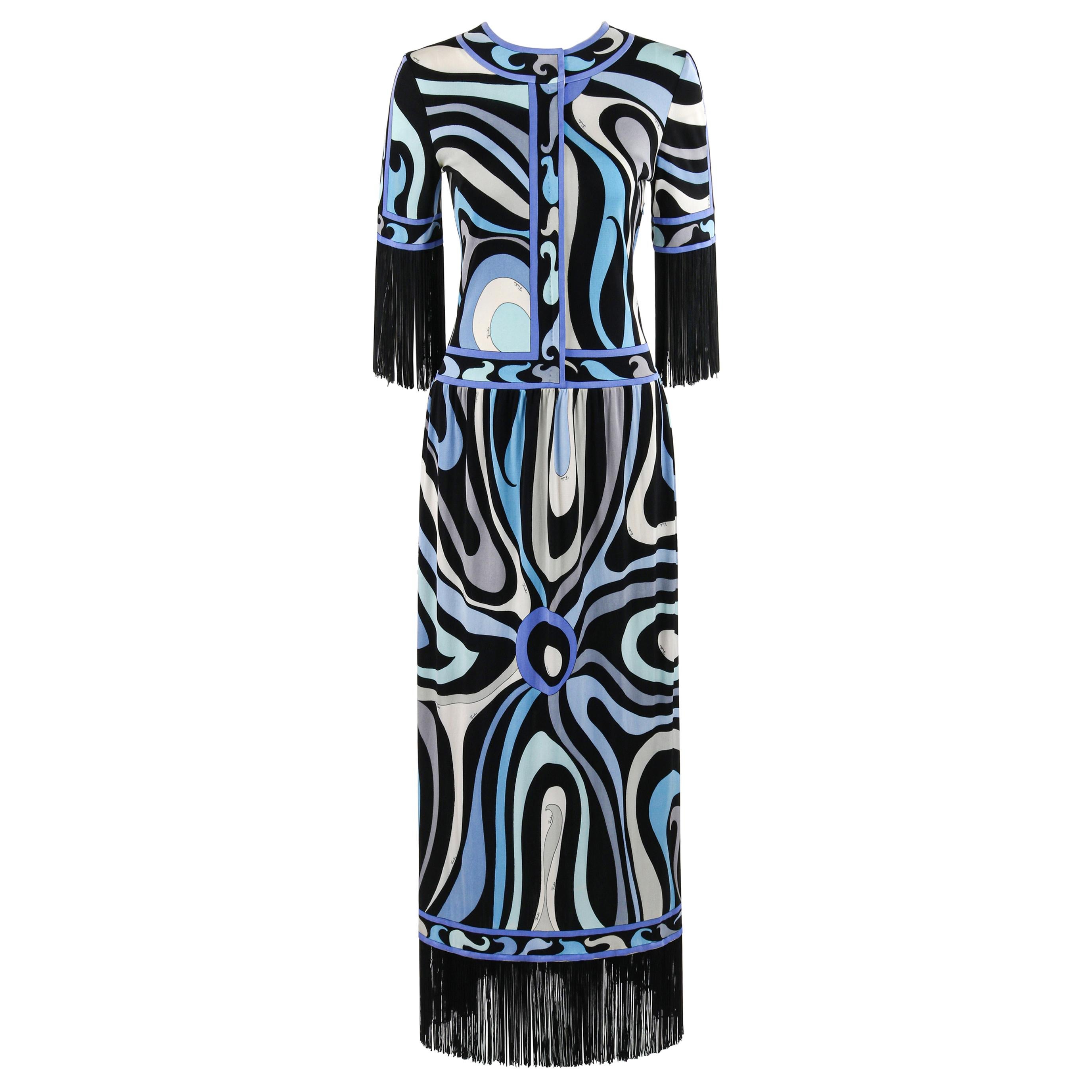 EMILIO PUCCI c.1960’s Blue Signature Op Art Fringe Drop Waist Silk Maxi Dress