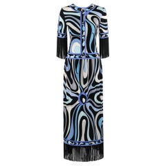 EMILIO PUCCI c.1960’s Blue Signature Op Art Fringe Drop Waist Silk Maxi Dress