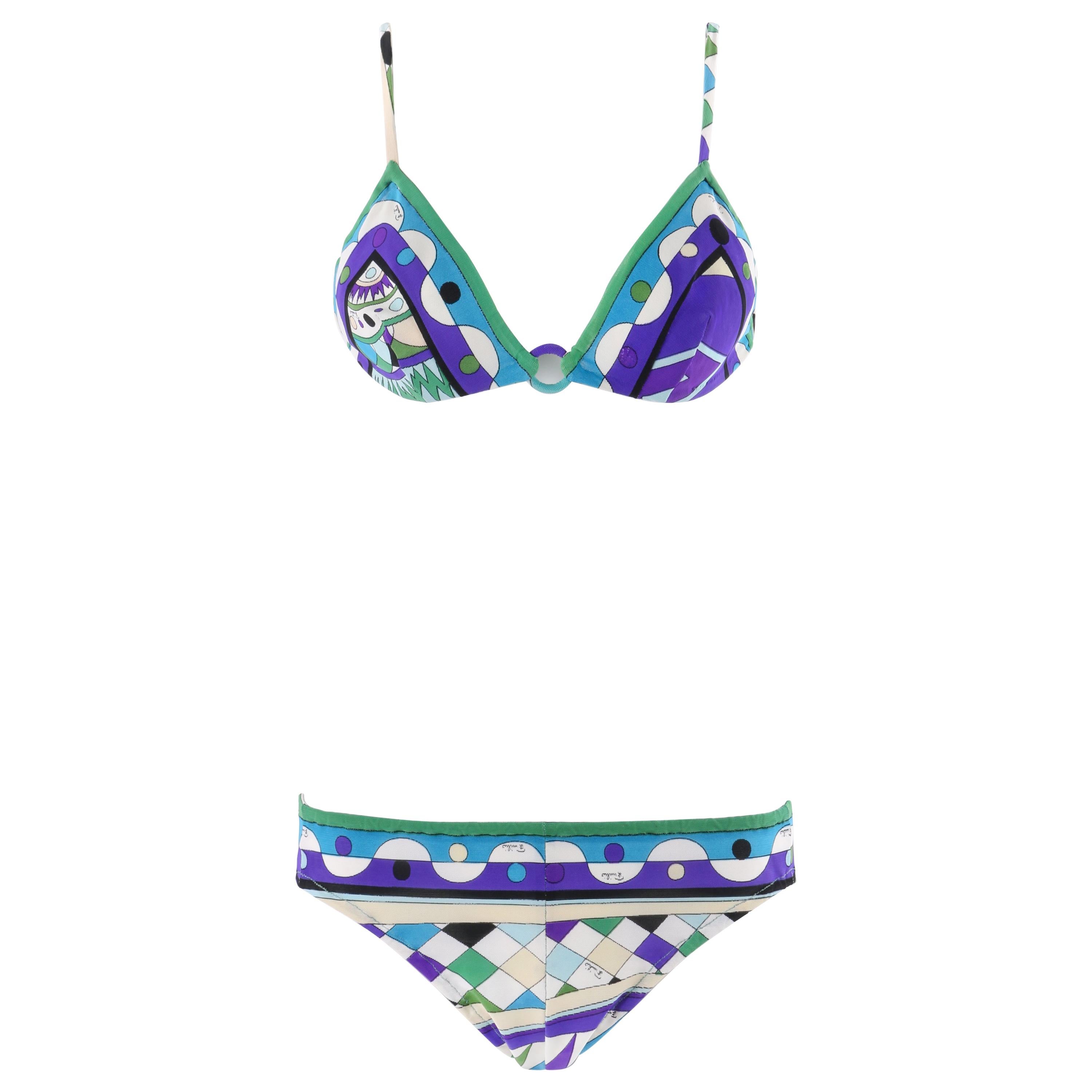 EMILIO PUCCI c.1960’s Blue Signature Print 2 Piece Bikini Bathing Suit Swimsuit For Sale