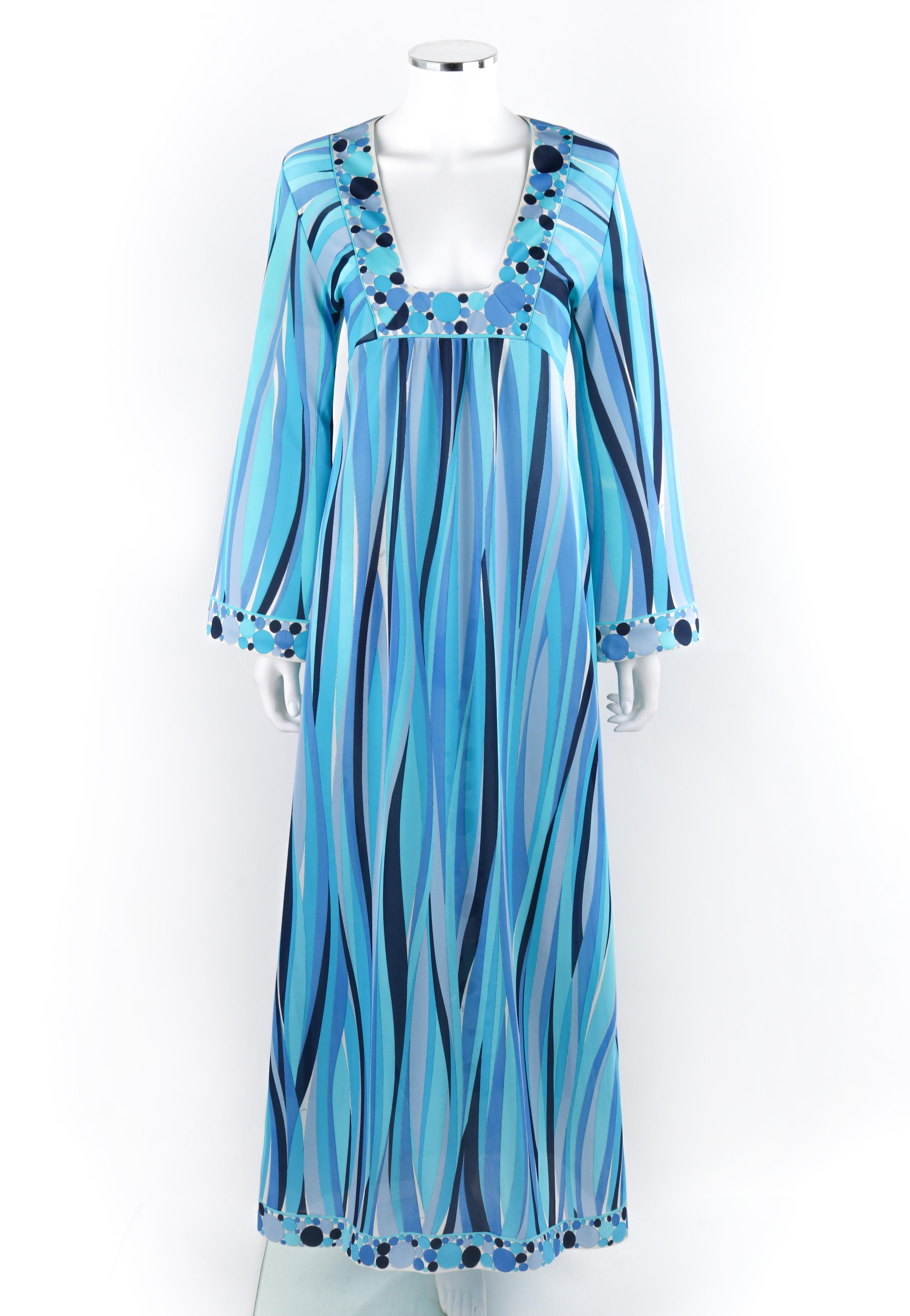 EMILIO PUCCI c.1960's Blue Wave Print Polka Dot Beach Swim Cover Lounge Robe
 
Brand / Manufacturer: Emilio Pucci
Circa: 1960's
Collection: Emilio Pucci for Formfit Rogers
Style: Swimsuit Coverup / lounge robe
Color(s): Shades of white and
