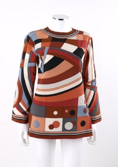 EMILIO PUCCI c.1960's Brown Multicolor Op Art Signature Print Shirt Blouse