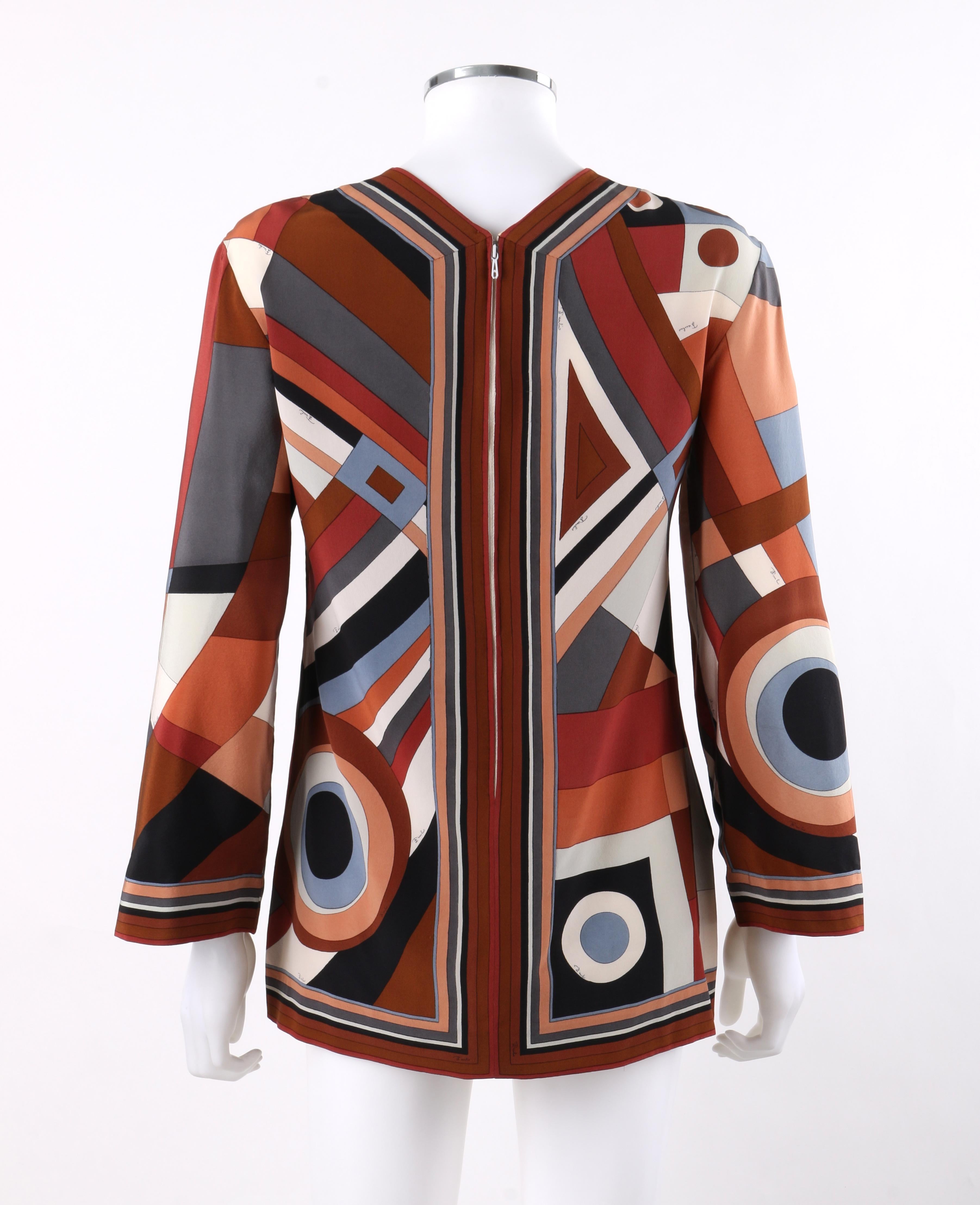 EMILIO PUCCI ca. 1960er Jahre Braune mehrfarbige Hemdbluse mit Op-Art-Druck  Damen im Angebot