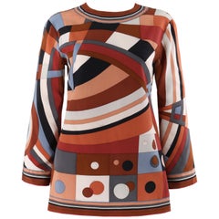 EMILIO PUCCI c.1960's Brown Multicolor Op Art Signature Print Shirt Blouse 