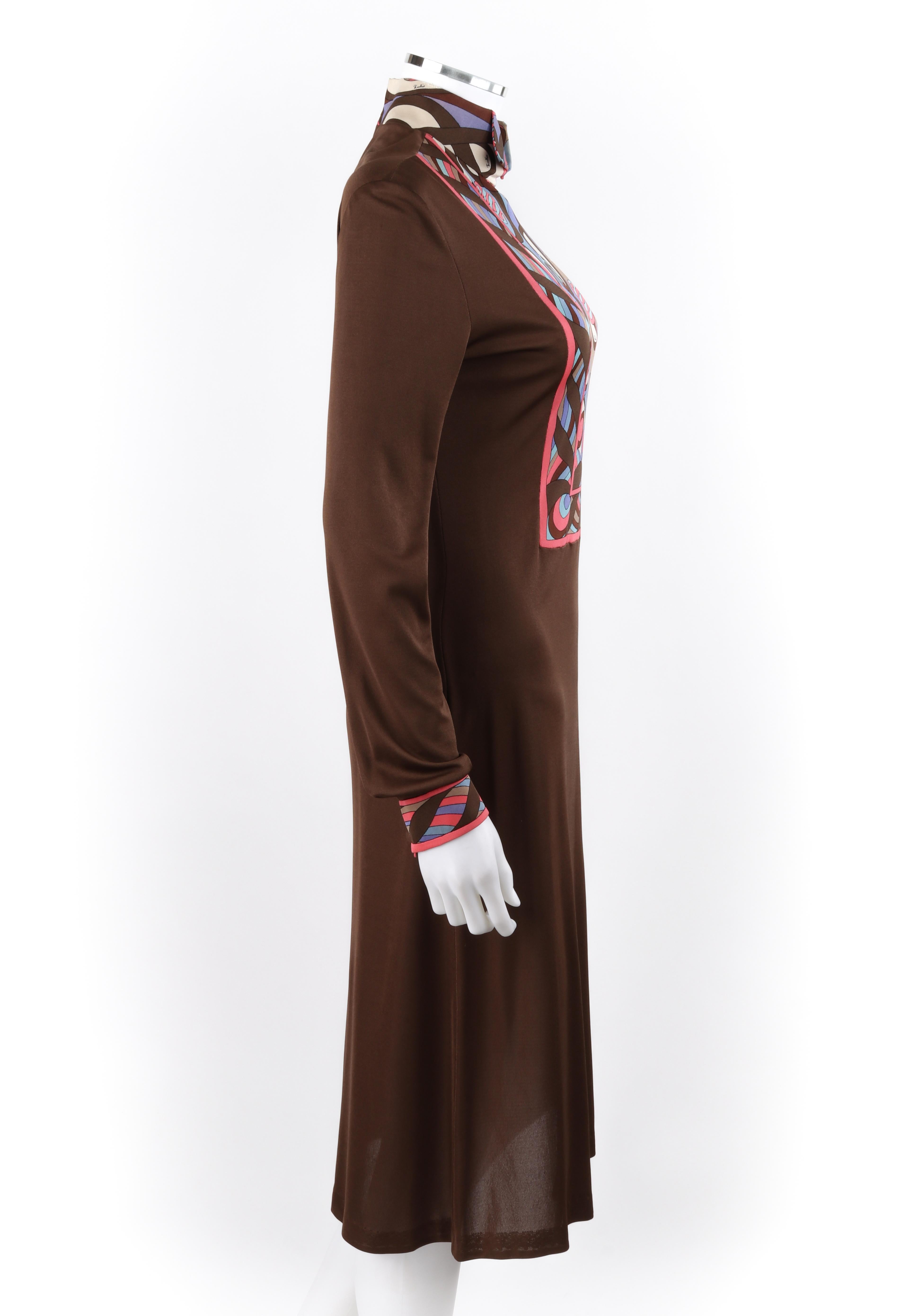 Black EMILIO PUCCI c.1960's Brown Op Art Signature Print Sheath Mock Neck Midi Dress For Sale