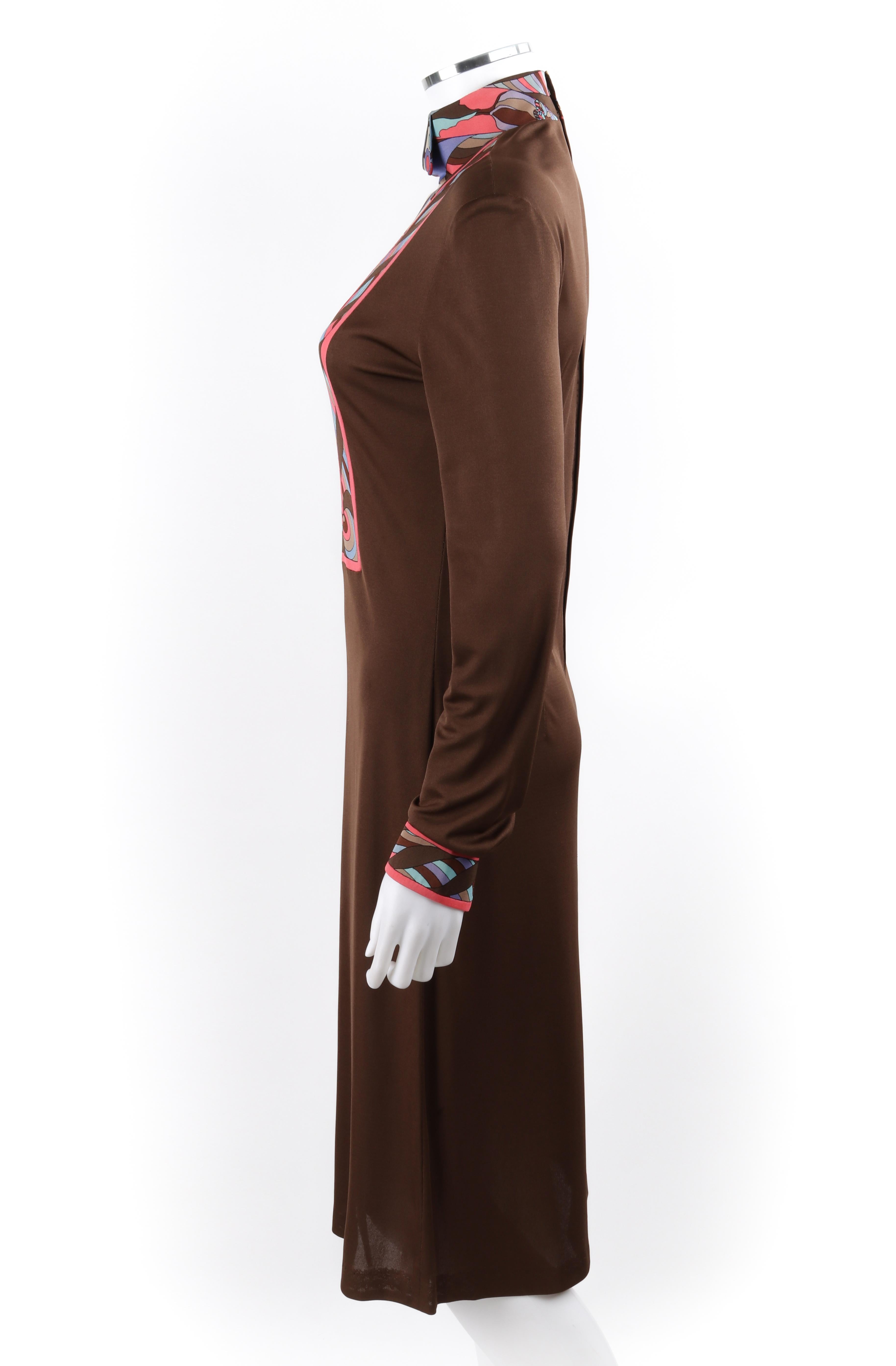 EMILIO PUCCI Robe midi marron à col bénitier et imprimé Op Art caractéristique des années 1960 Pour femmes en vente
