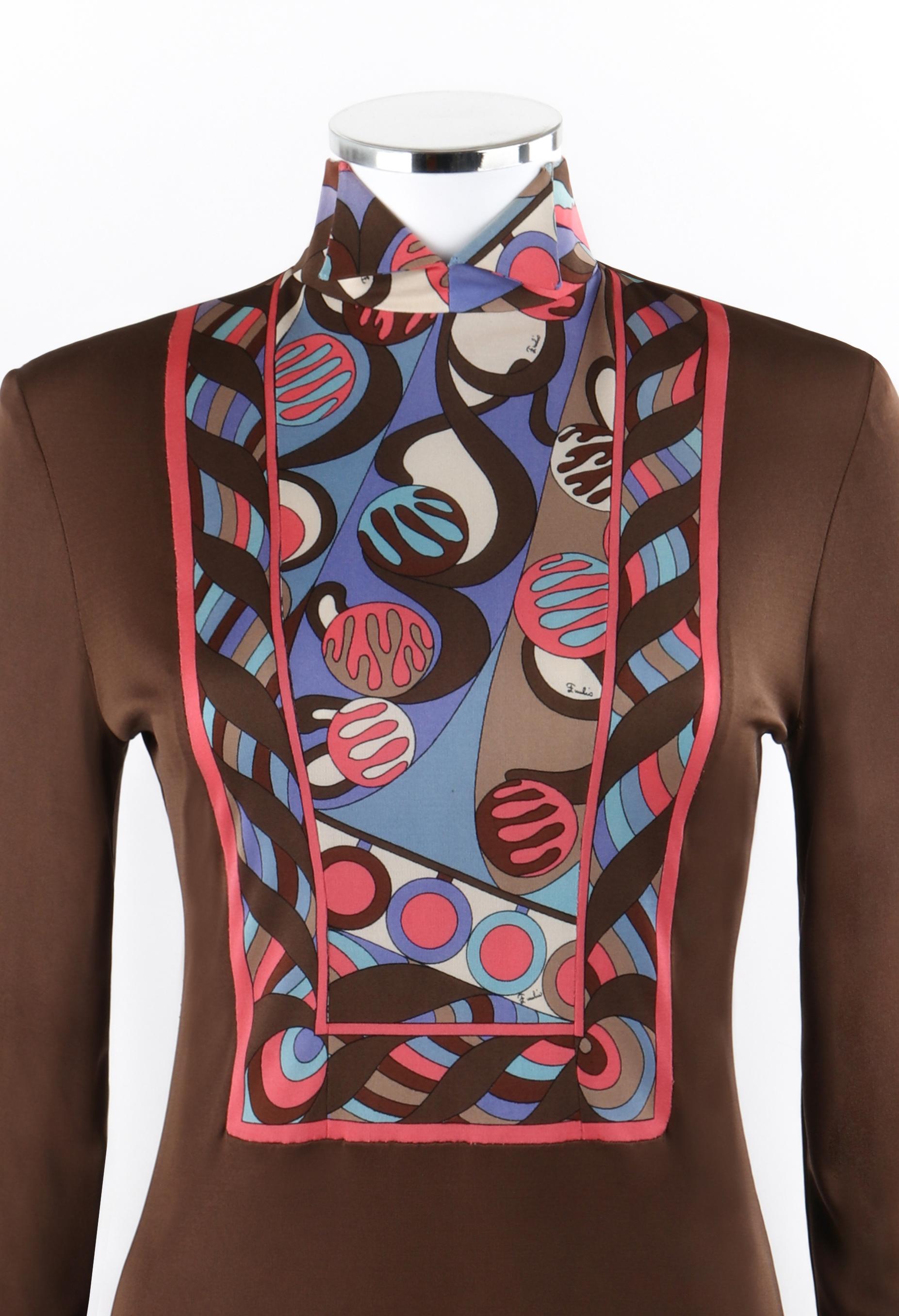 EMILIO PUCCI c.1960's Brown Op Art Signature Print Sheath Mock Neck Midi Dress For Sale 1