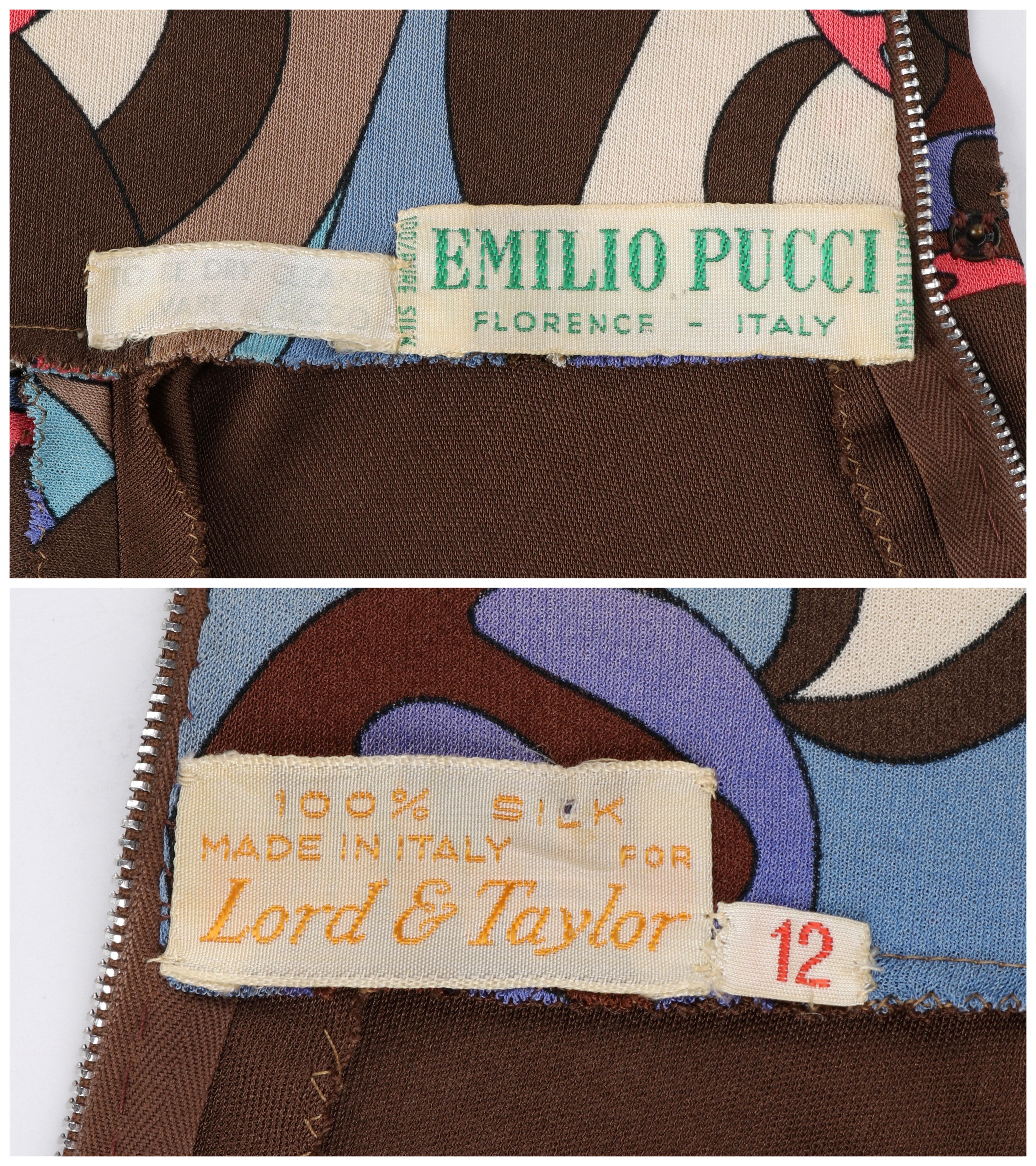 EMILIO PUCCI c.1960's Brown Op Art Signature Print Sheath Mock Neck Midi Dress For Sale 2