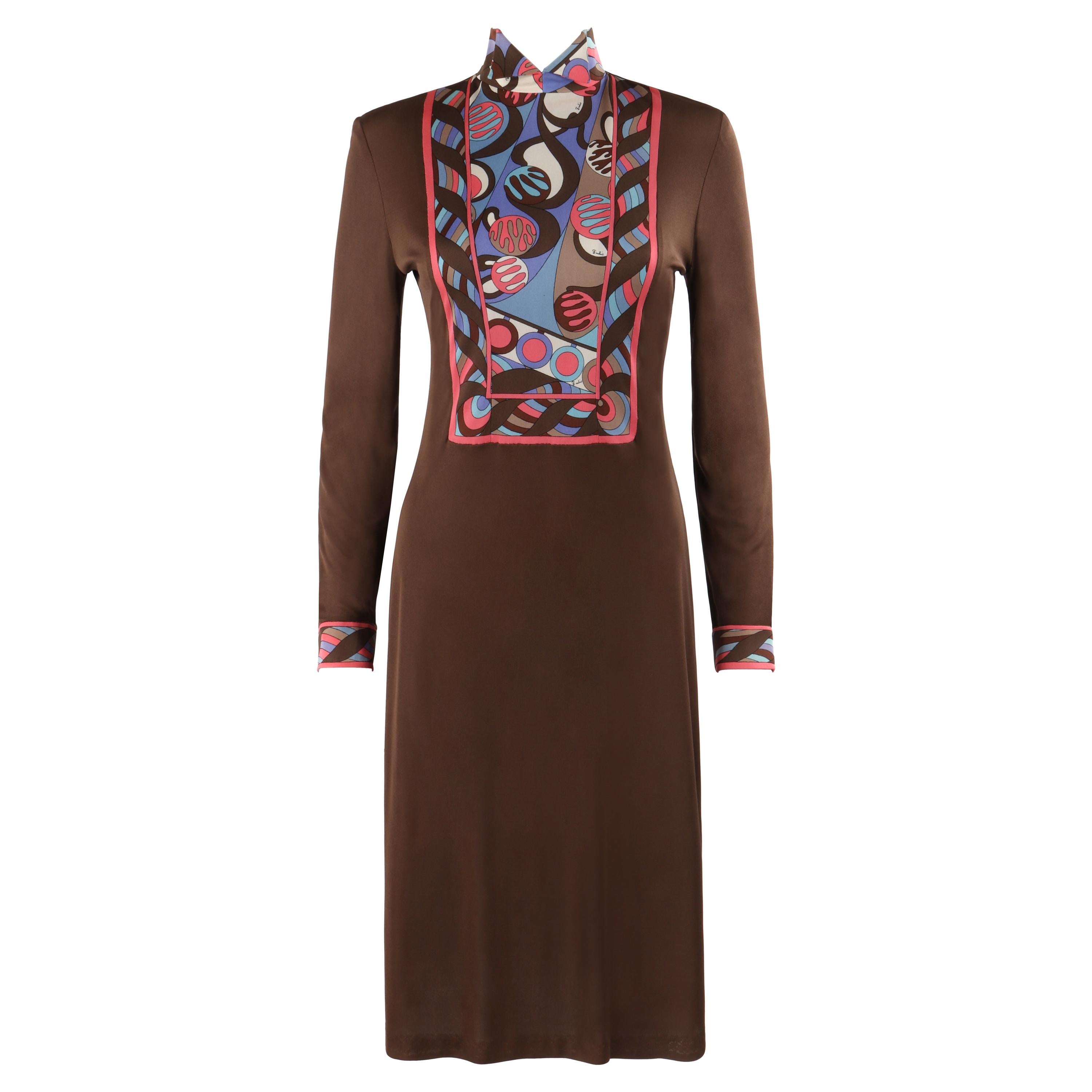 EMILIO PUCCI c.1960's Brown Op Art Signature Print Sheath Mock Neck Midi Dress For Sale
