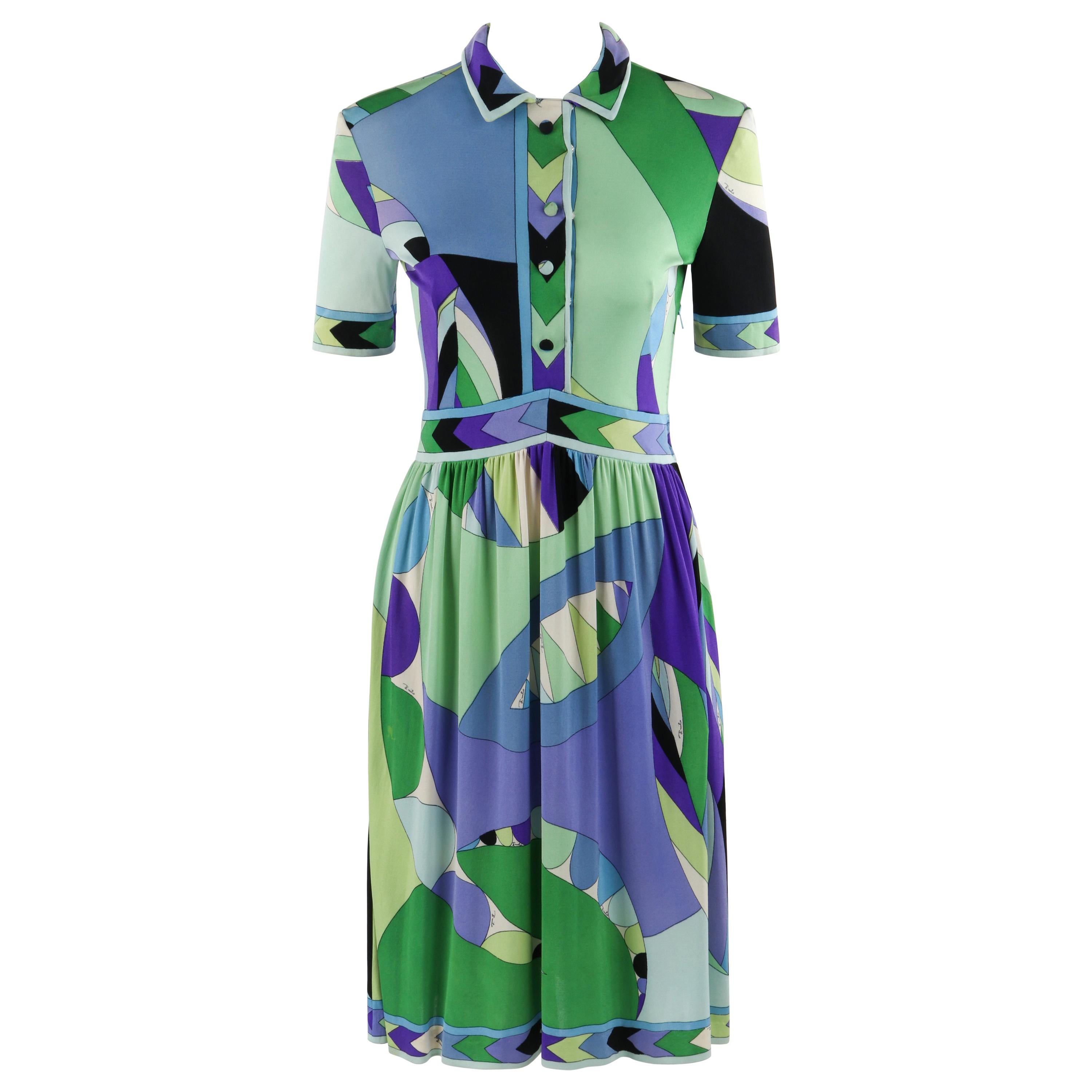 EMILIO PUCCI c.1960’s Button Front Signature Geometric SS Silk Day Dress For Sale