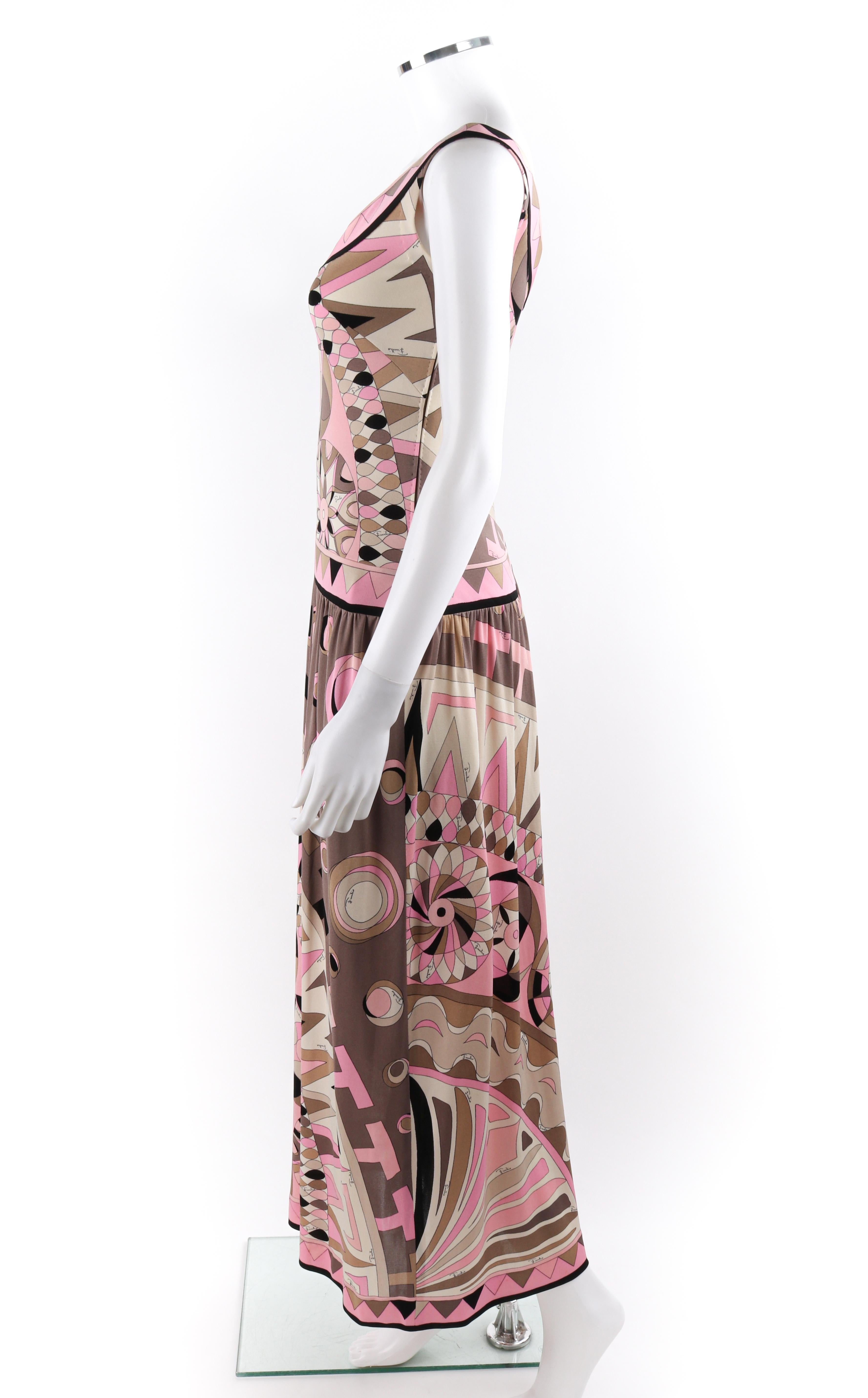 Brown EMILIO PUCCI c.1960's Circular Op Art Signature Print Silk Drop Waist Maxi Dress For Sale