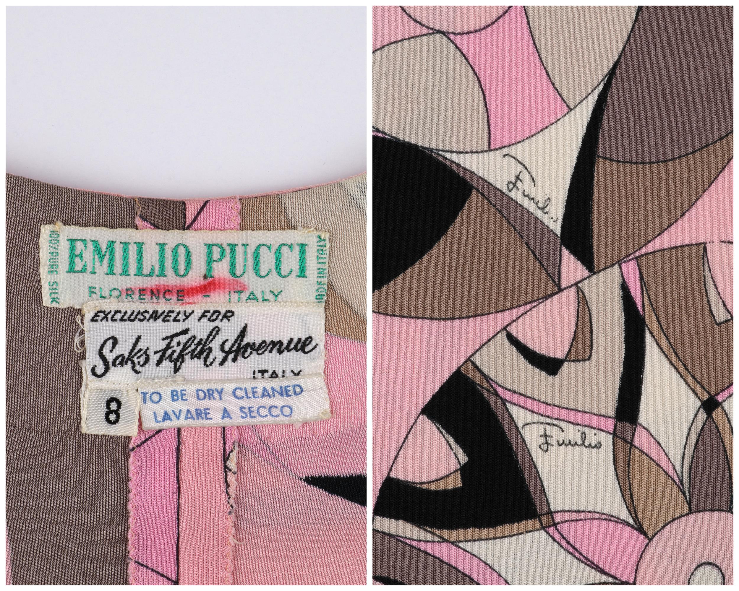 EMILIO PUCCI c.1960's Circular Op Art Signature Print Silk Drop Waist Maxi Dress In Good Condition For Sale In Thiensville, WI