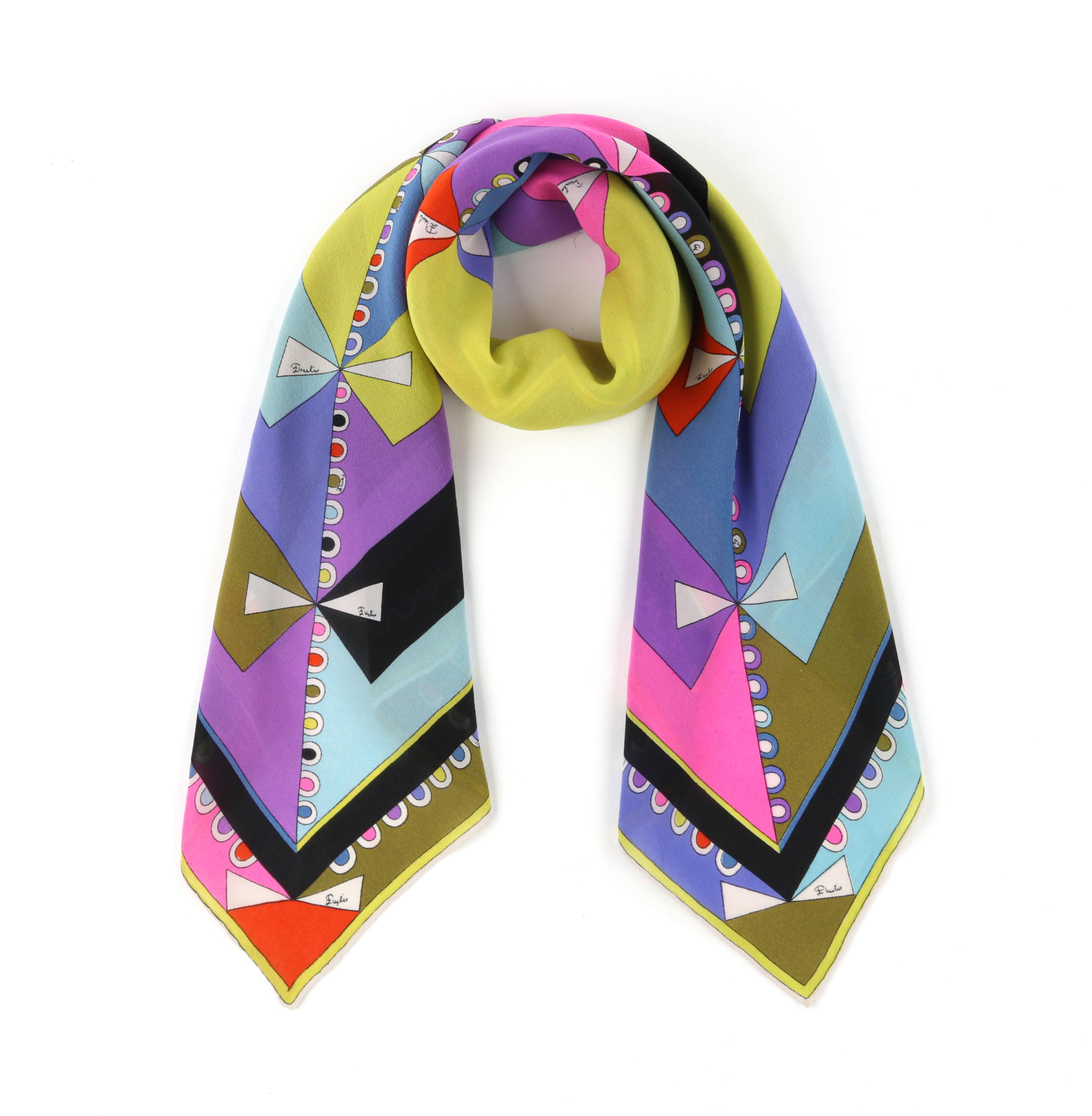 EMILIO PUCCI c.1960’s “Colletti” Op Art Geometric Ribbon Print Square Silk Scarf
 
Brand / Manufacturer: Emilio Pucci
Circa: 1960’s 
Style: Square scarf
Color(s): Multicolor
Lined: No 
Unmarked Fabric Content (feel of): Silk 
Additional Details /