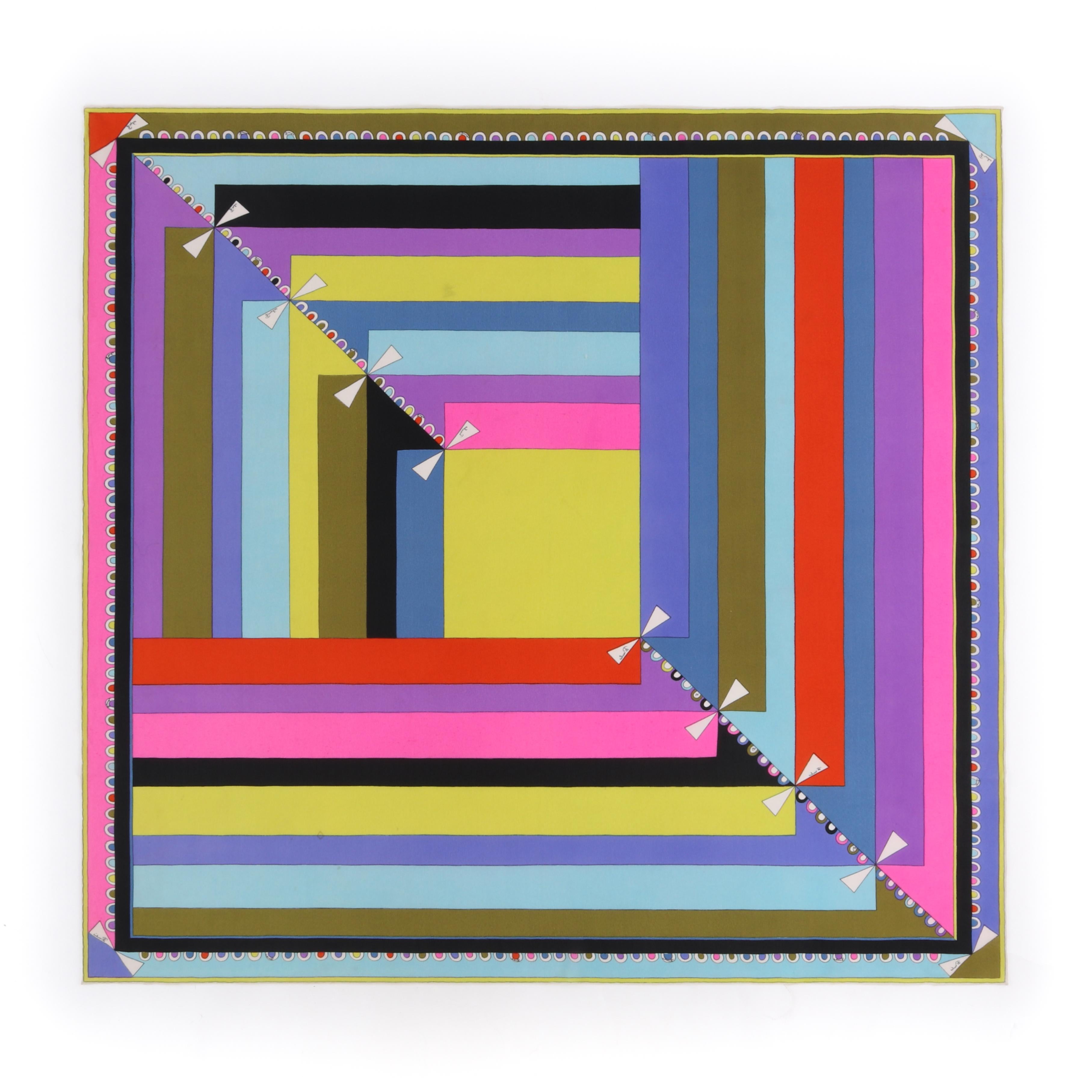 EMILIO PUCCI c.1960’s “Colletti” Op Art Geometric Ribbon Print Square Silk Scarf In Good Condition In Thiensville, WI