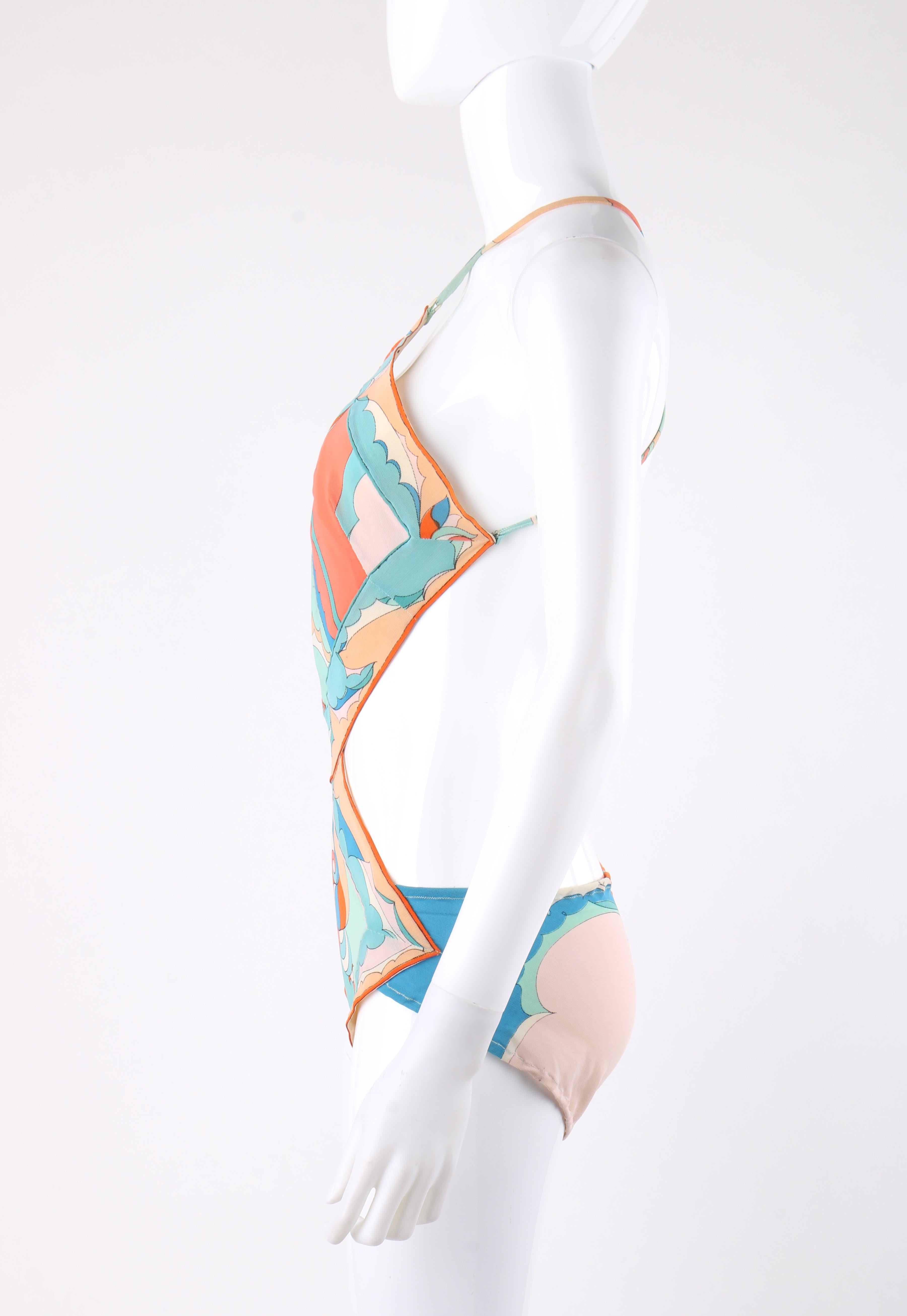EMILIO PUCCI c.1960’s Coral Teal Signature Print Diamond Cut One-Piece Swimsuit In Good Condition In Thiensville, WI